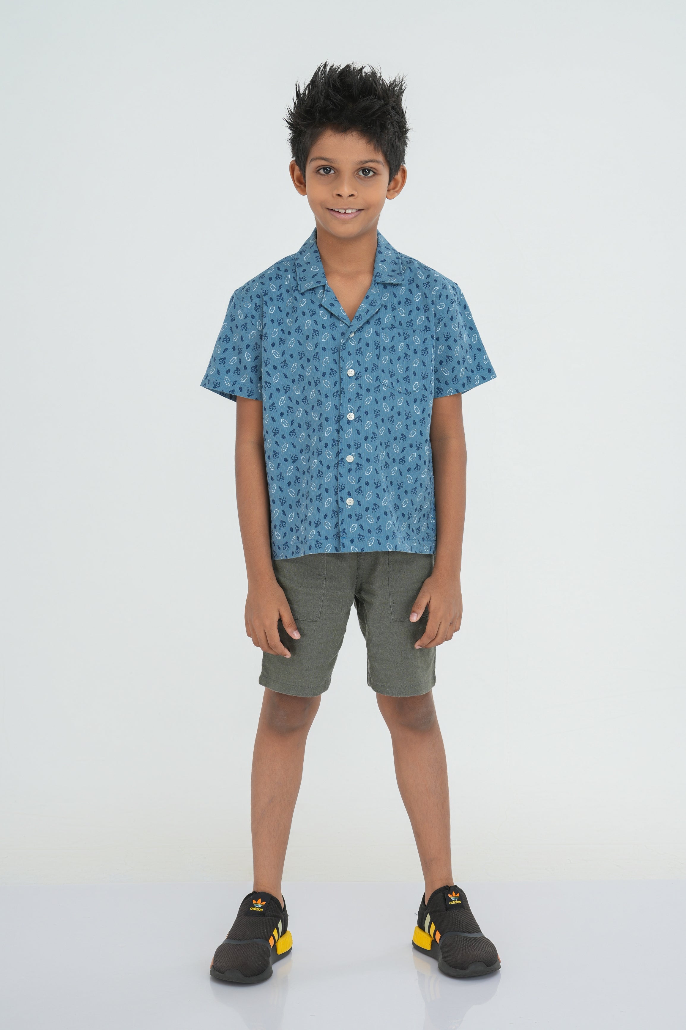 Kids' Printed Cotton Shirt – Cuban Collar Blue | AnationZ Junior