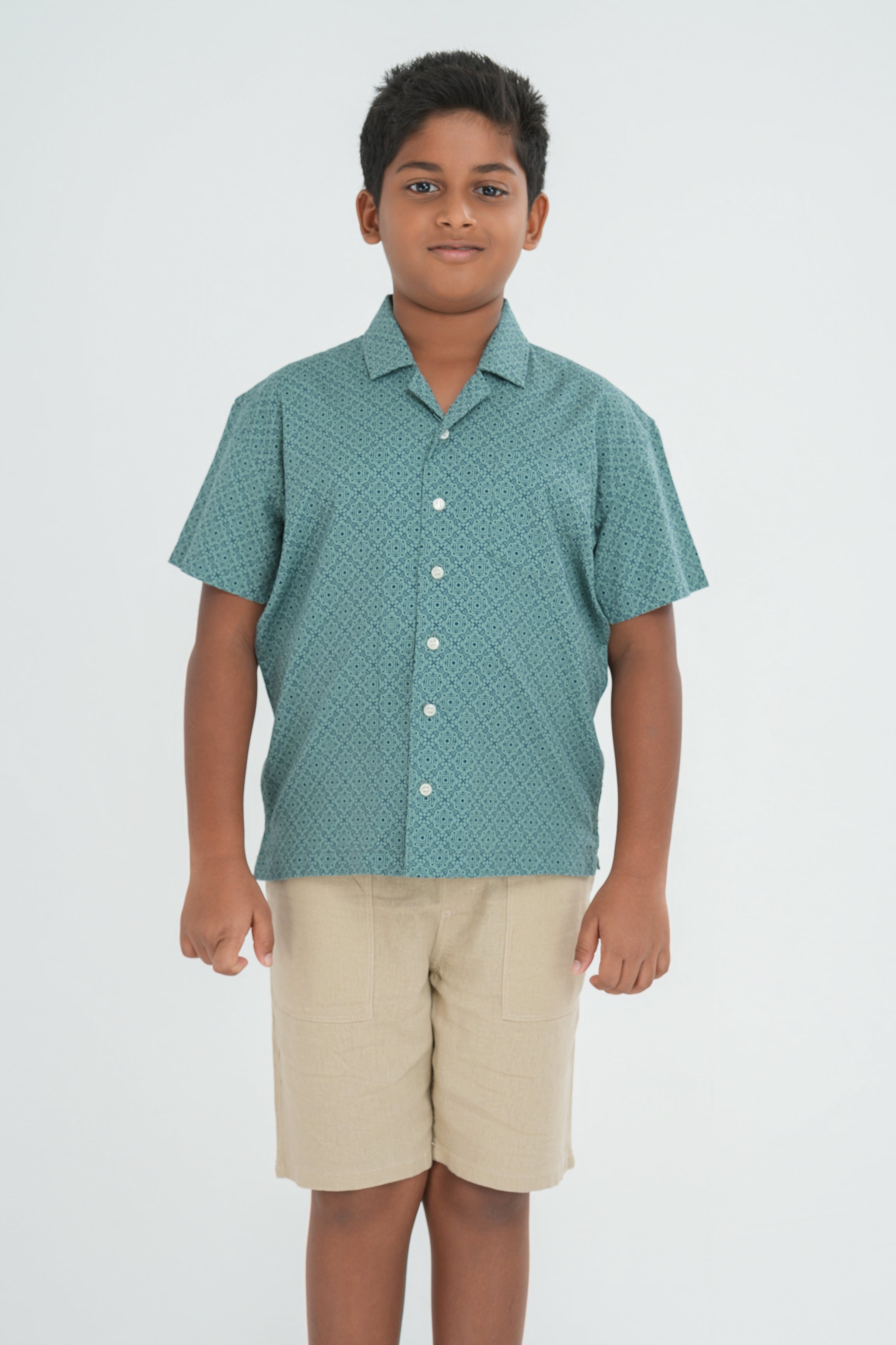 Kids’ Printed Shirt – Olive Floral Grid | AnationZ Junior