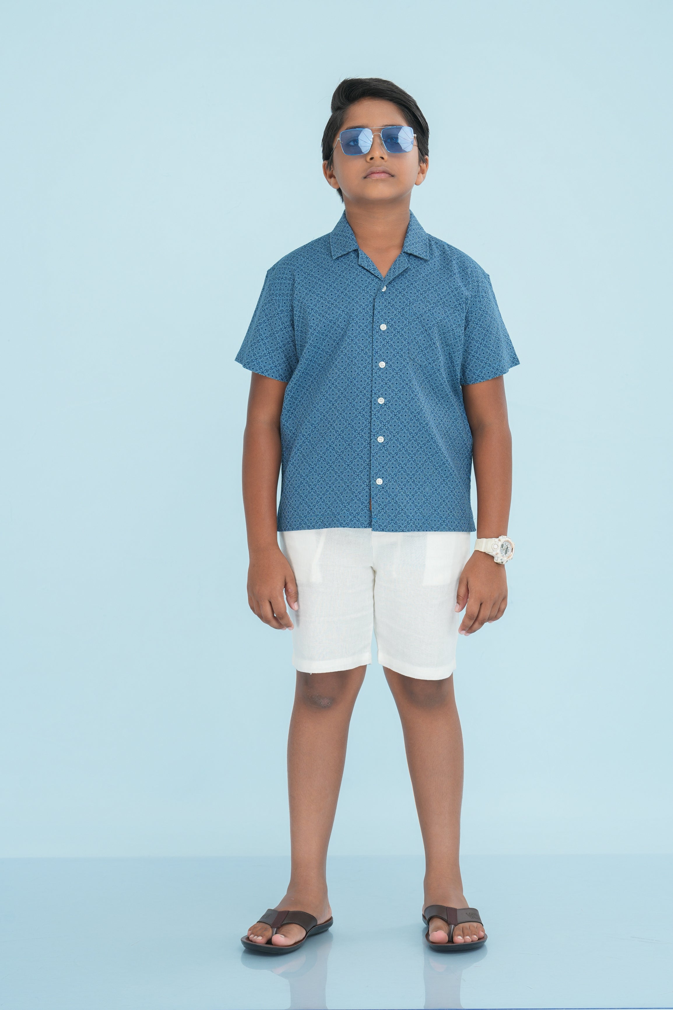 Kids’ Printed Shirt – Indigo Floral Grid | AnationZ Junior