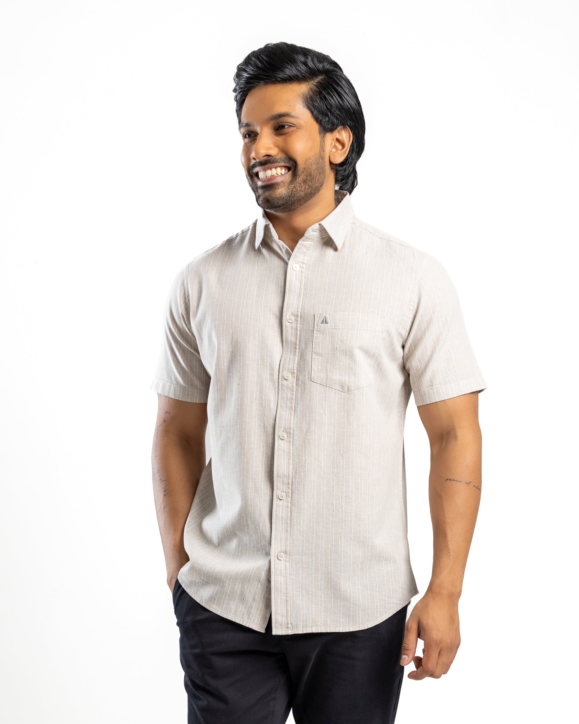 AnationZ Heritage Linen Stripe Short Sleeve Shirt - Raw Canvas Sri Lanka