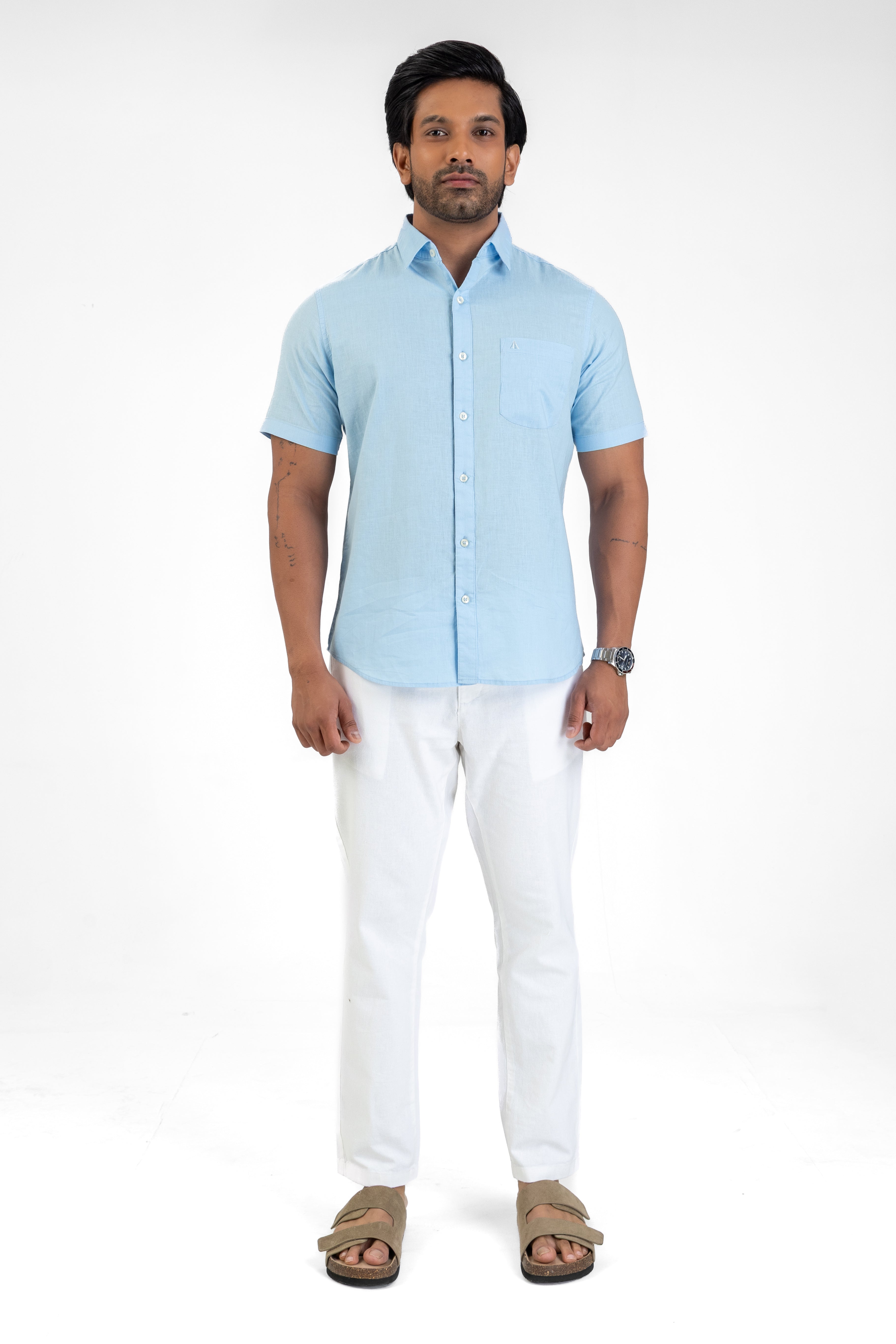 Short Sleeve Linen Cotton Shirt – Light Blue
