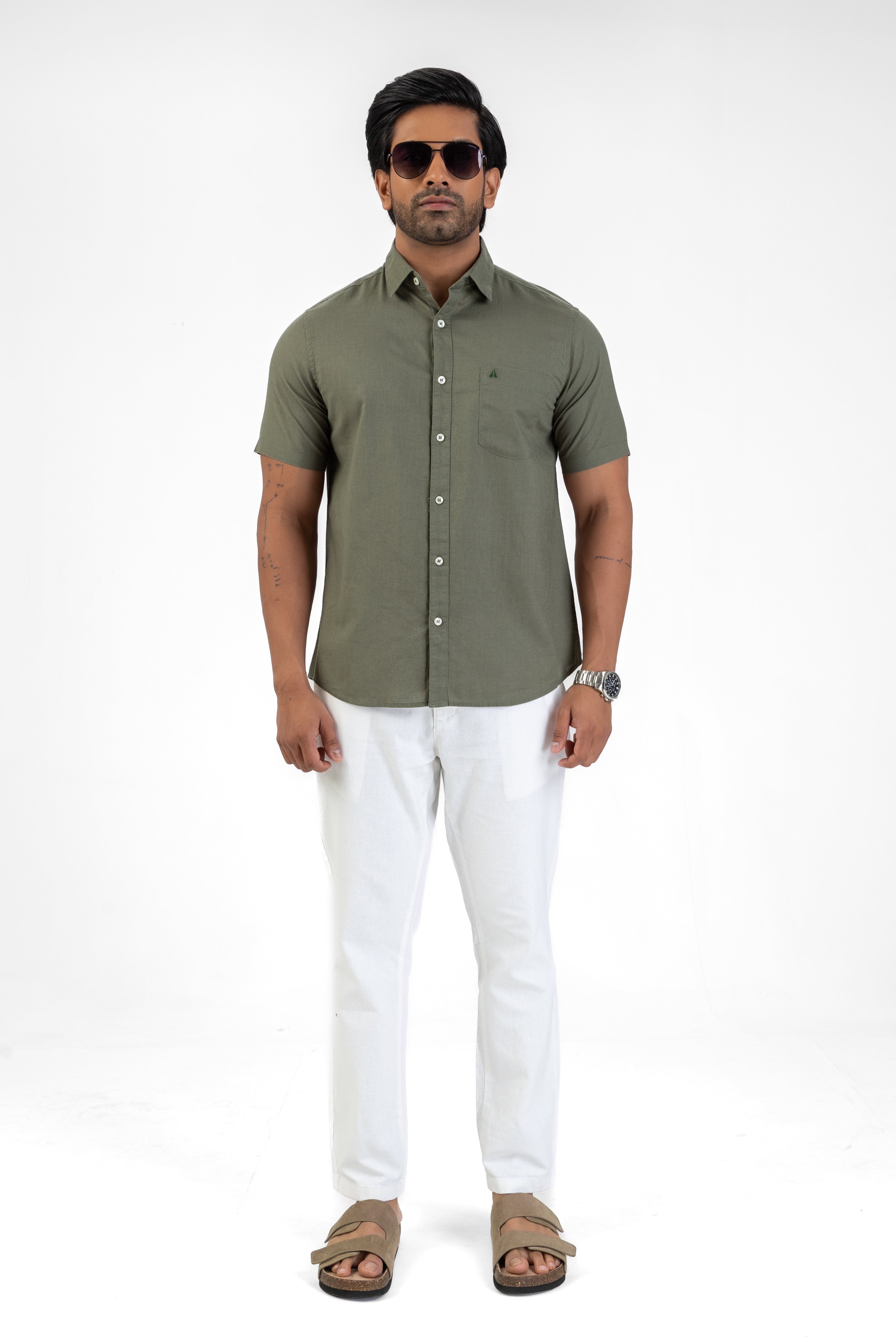 Short Sleeve Linen Cotton Shirt – Olive