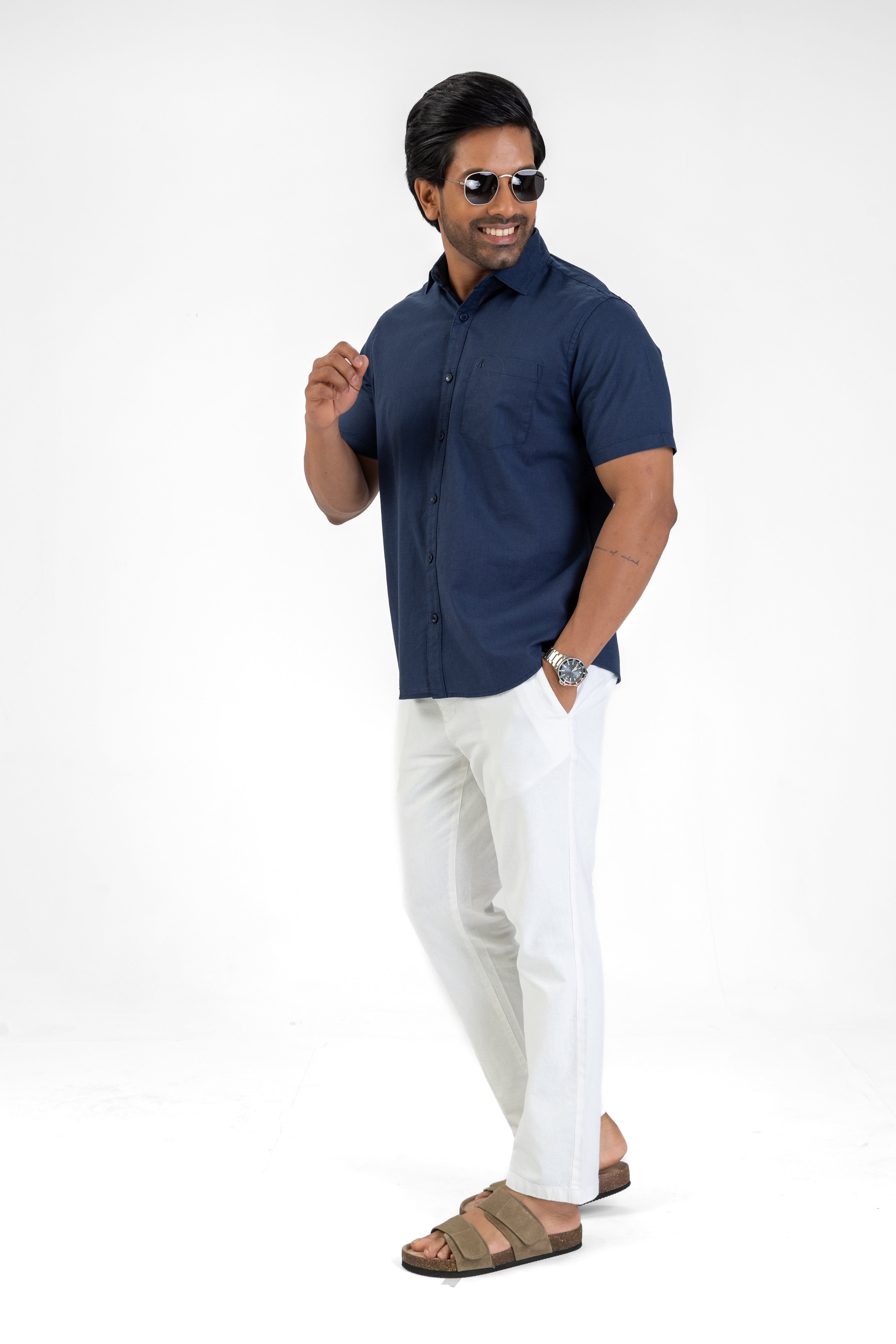 Short Sleeve Linen Cotton Shirt – Navy