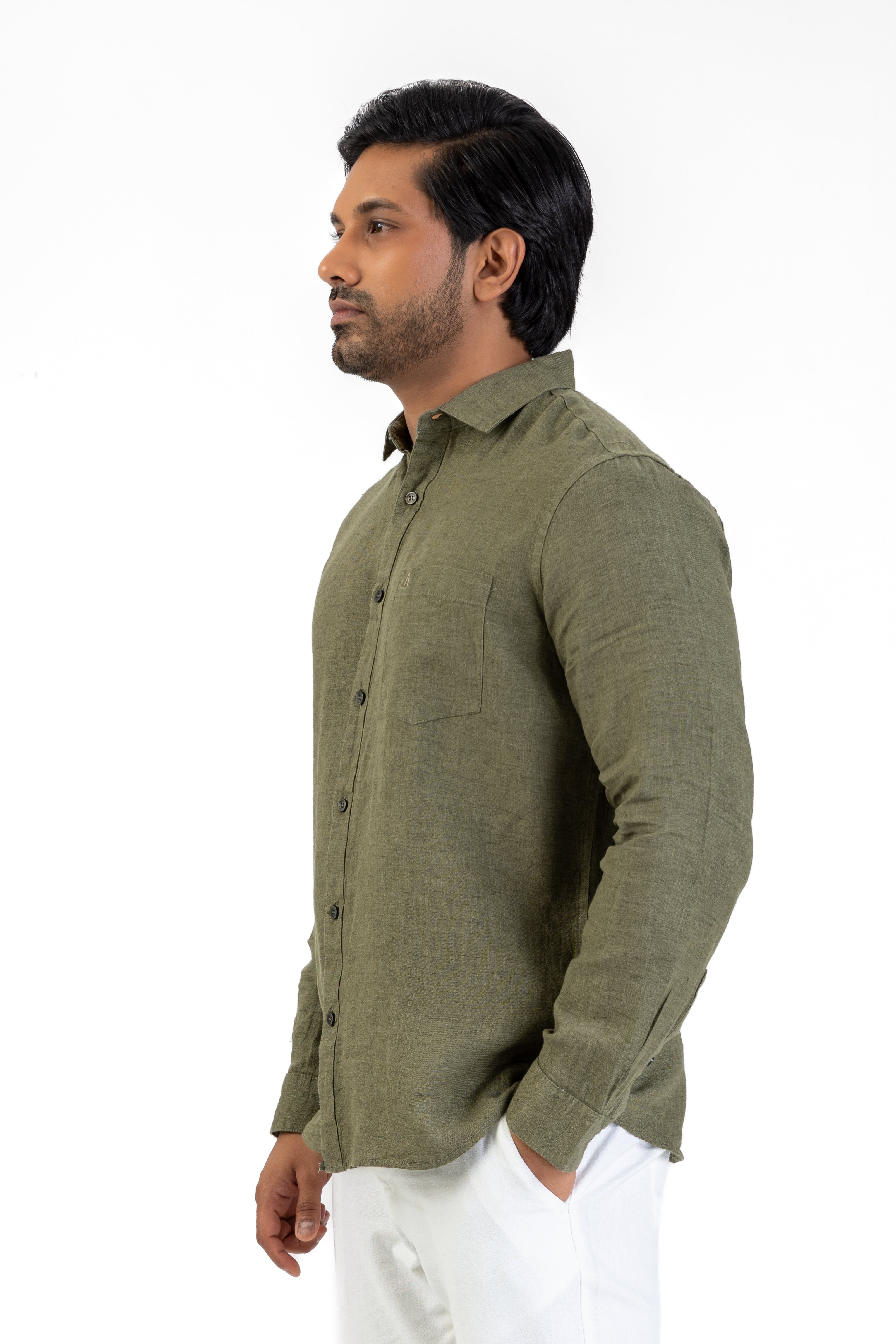 100% Linen Long Sleeve Shirt – Olive