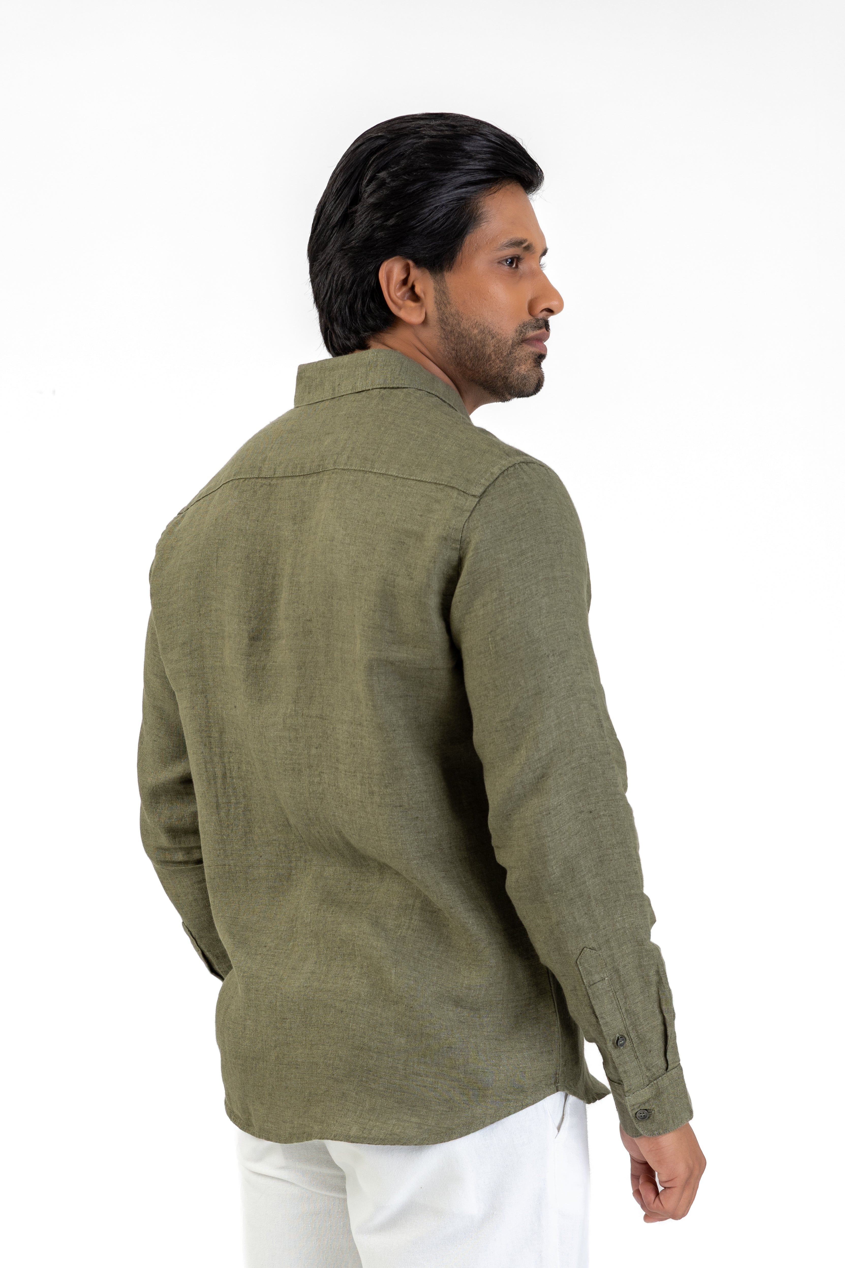 100% Linen Long Sleeve Shirt – Olive