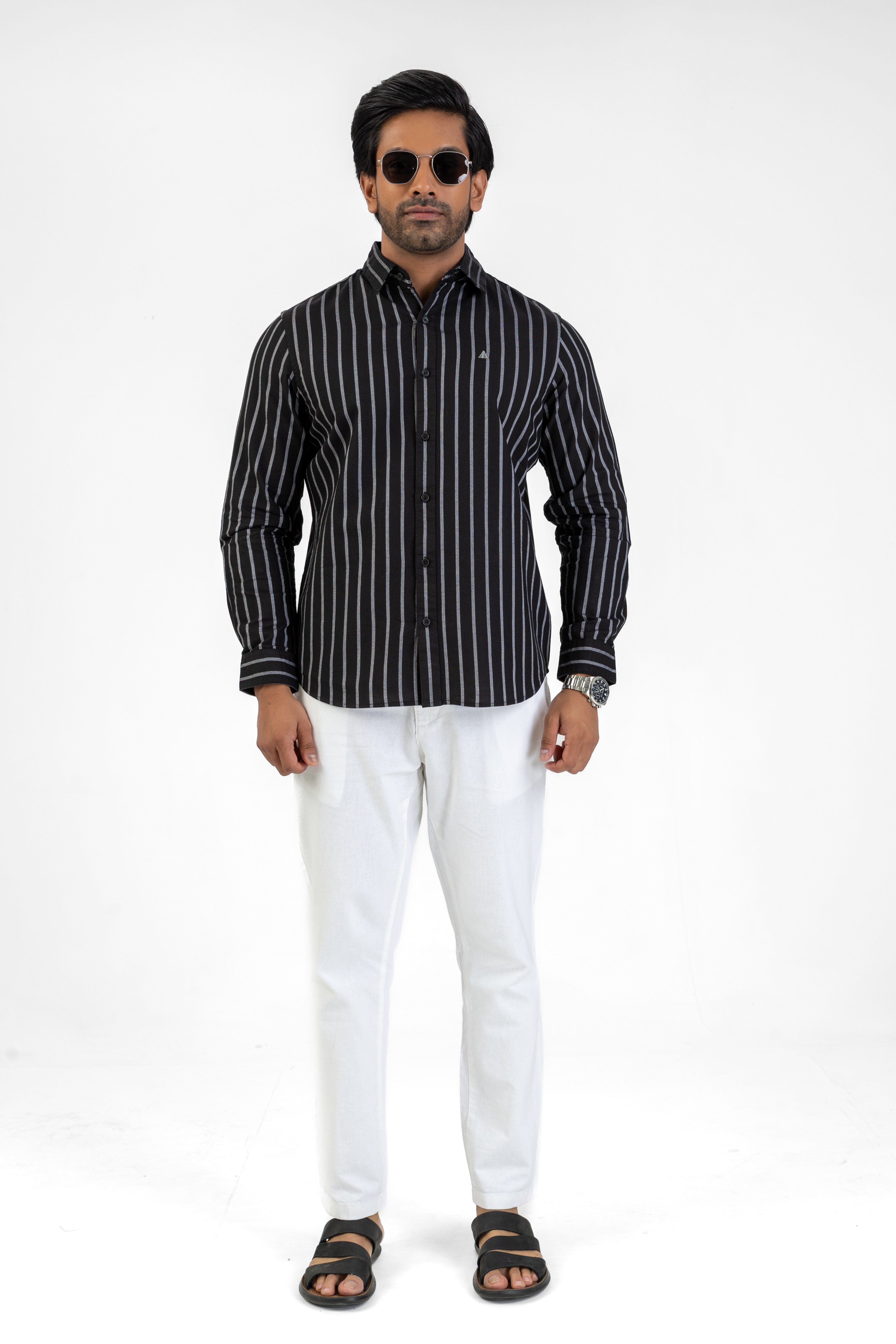Cotton Stripe Long Sleeve Shirt – Black | AnationZ
