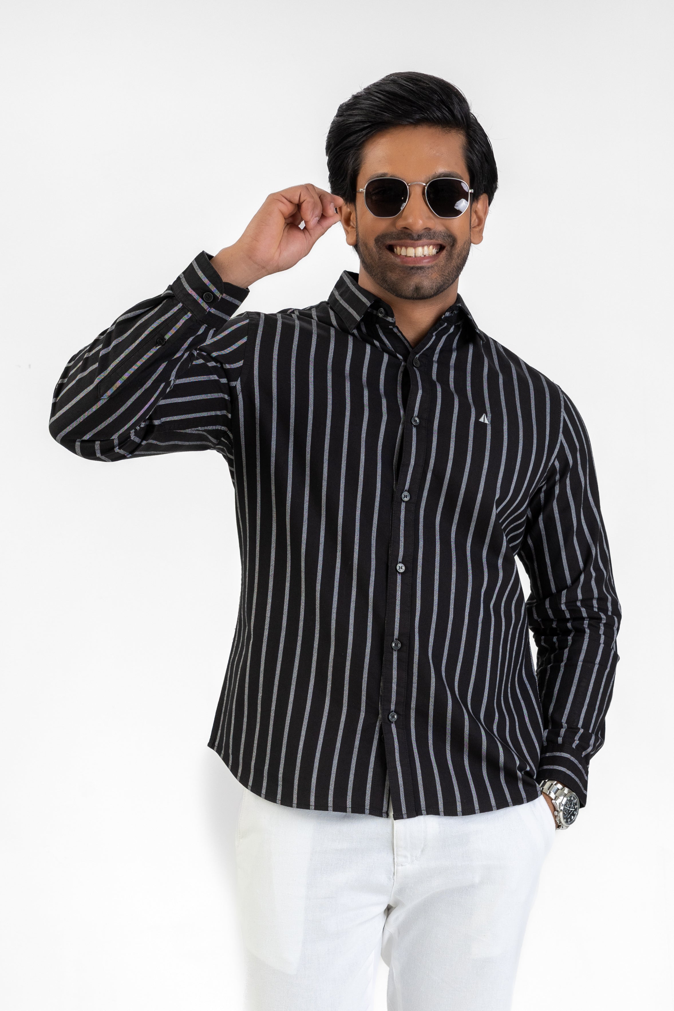 Cotton Stripe Long Sleeve Shirt – Black | AnationZ