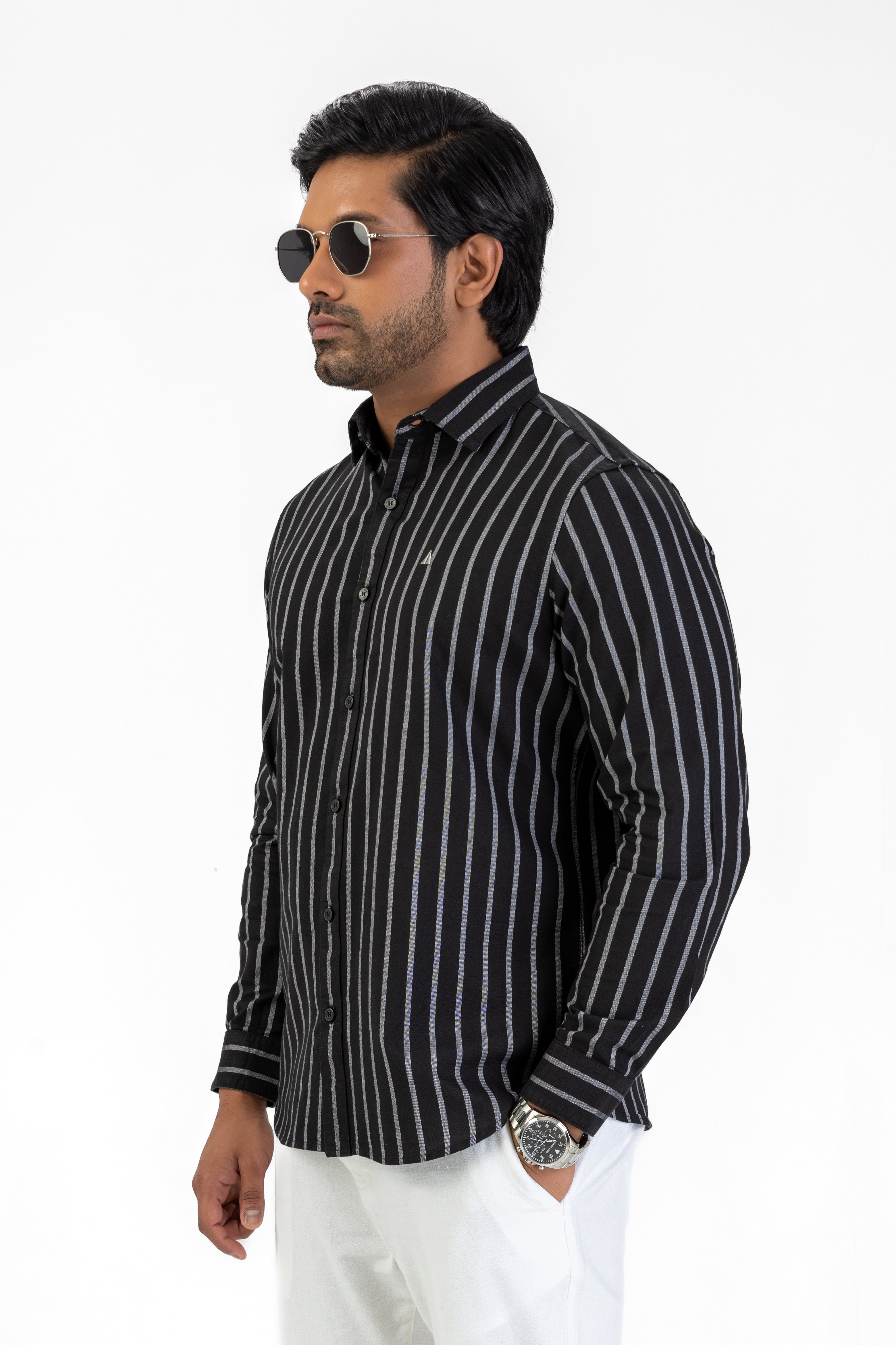Cotton Stripe Long Sleeve Shirt – Black | AnationZ