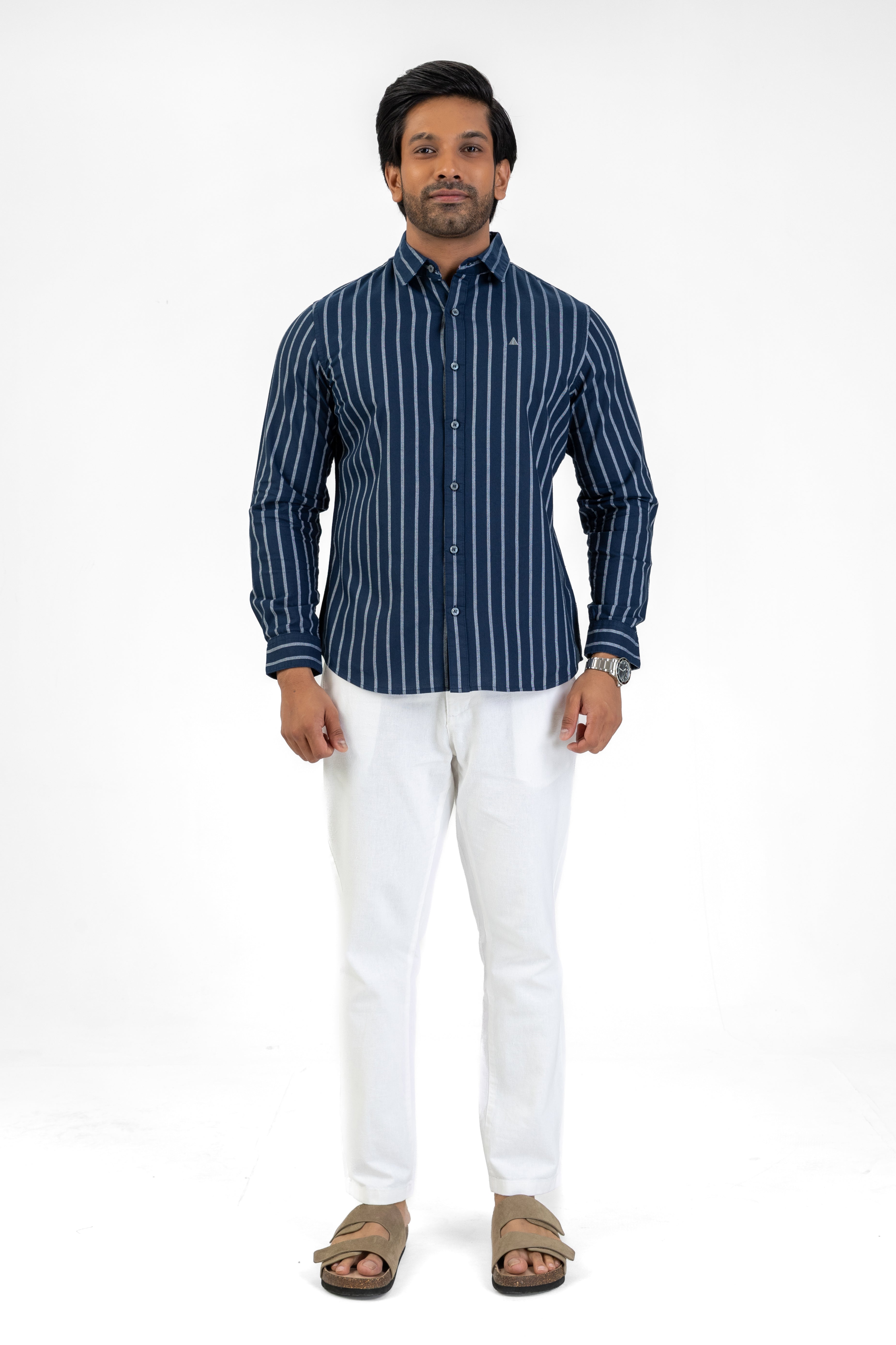 Cotton Stripe Long Sleeve Shirt – Navy | AnationZ