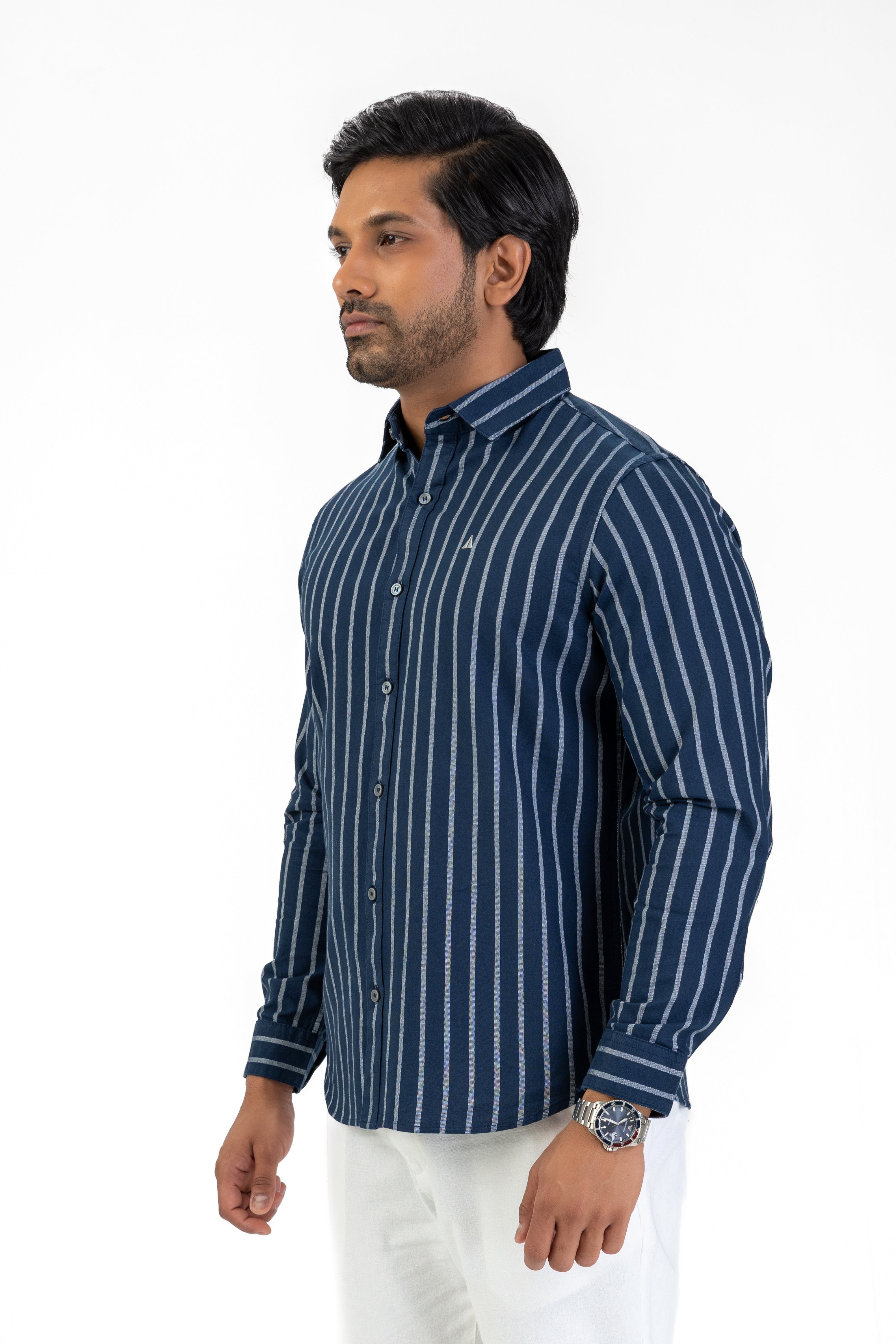 Cotton Stripe Long Sleeve Shirt – Navy | AnationZ