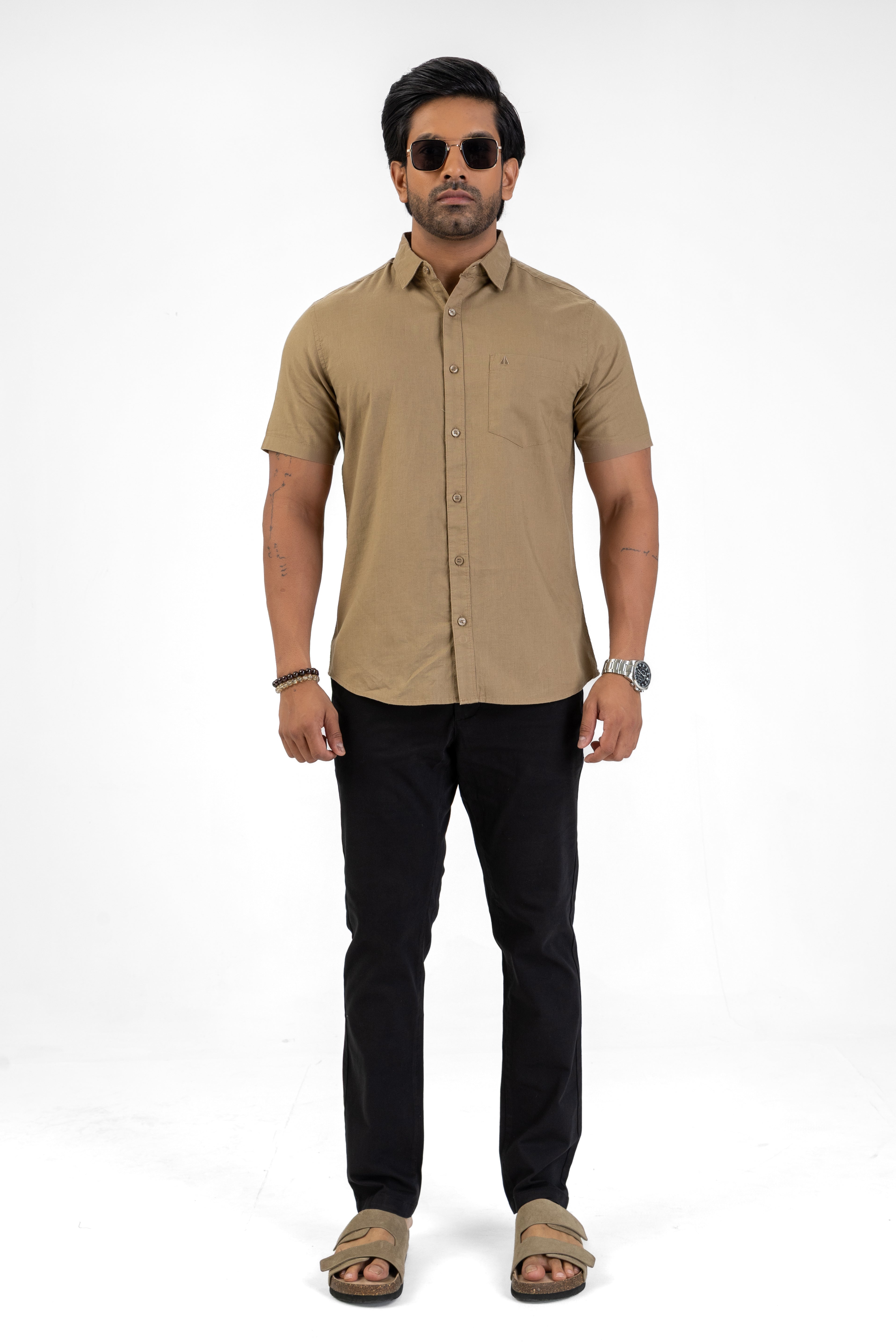 Short Sleeve Linen Cotton Shirt – Light Brown