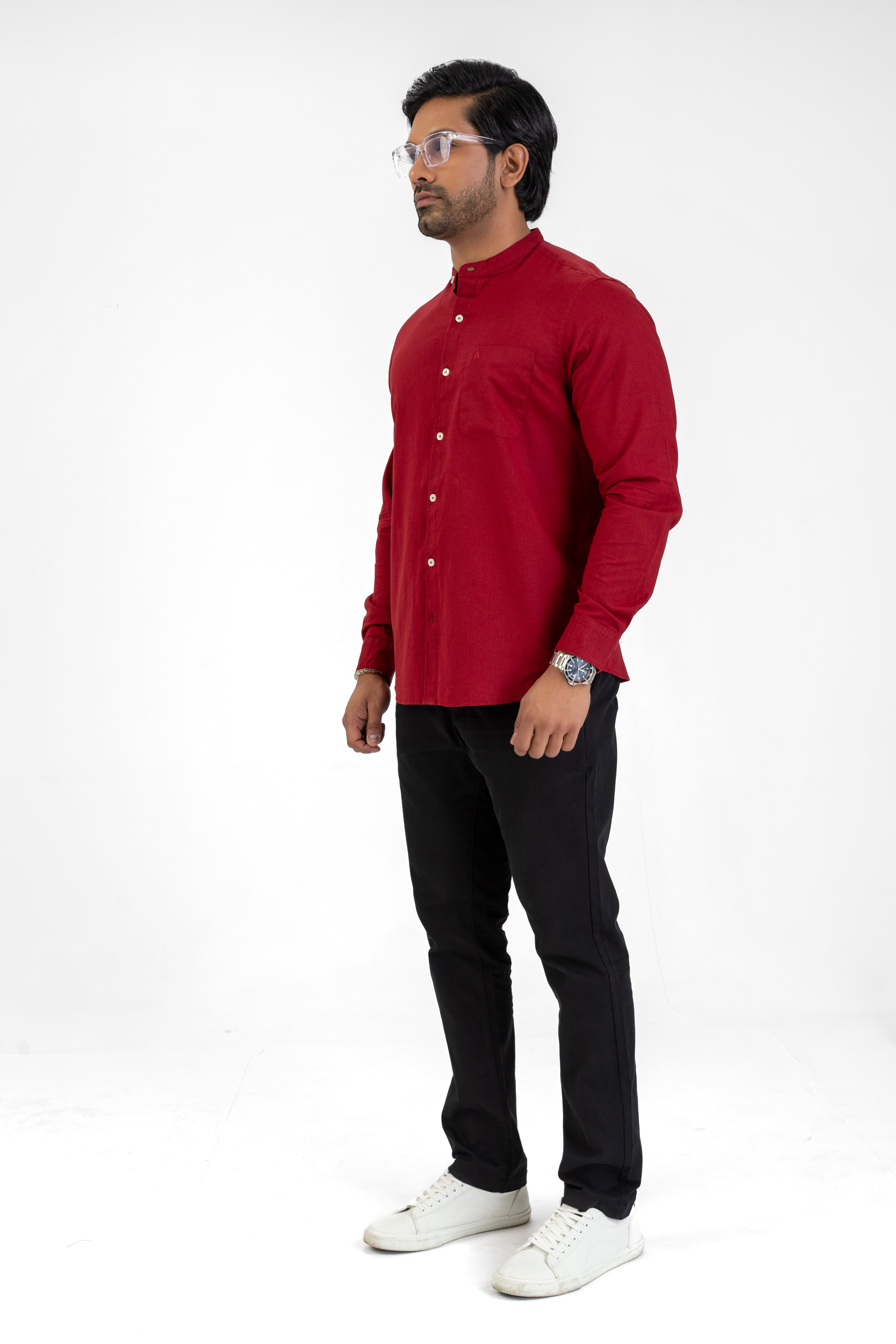 Slub Linen Cotton Chinese Collar Shirt – Maroon
