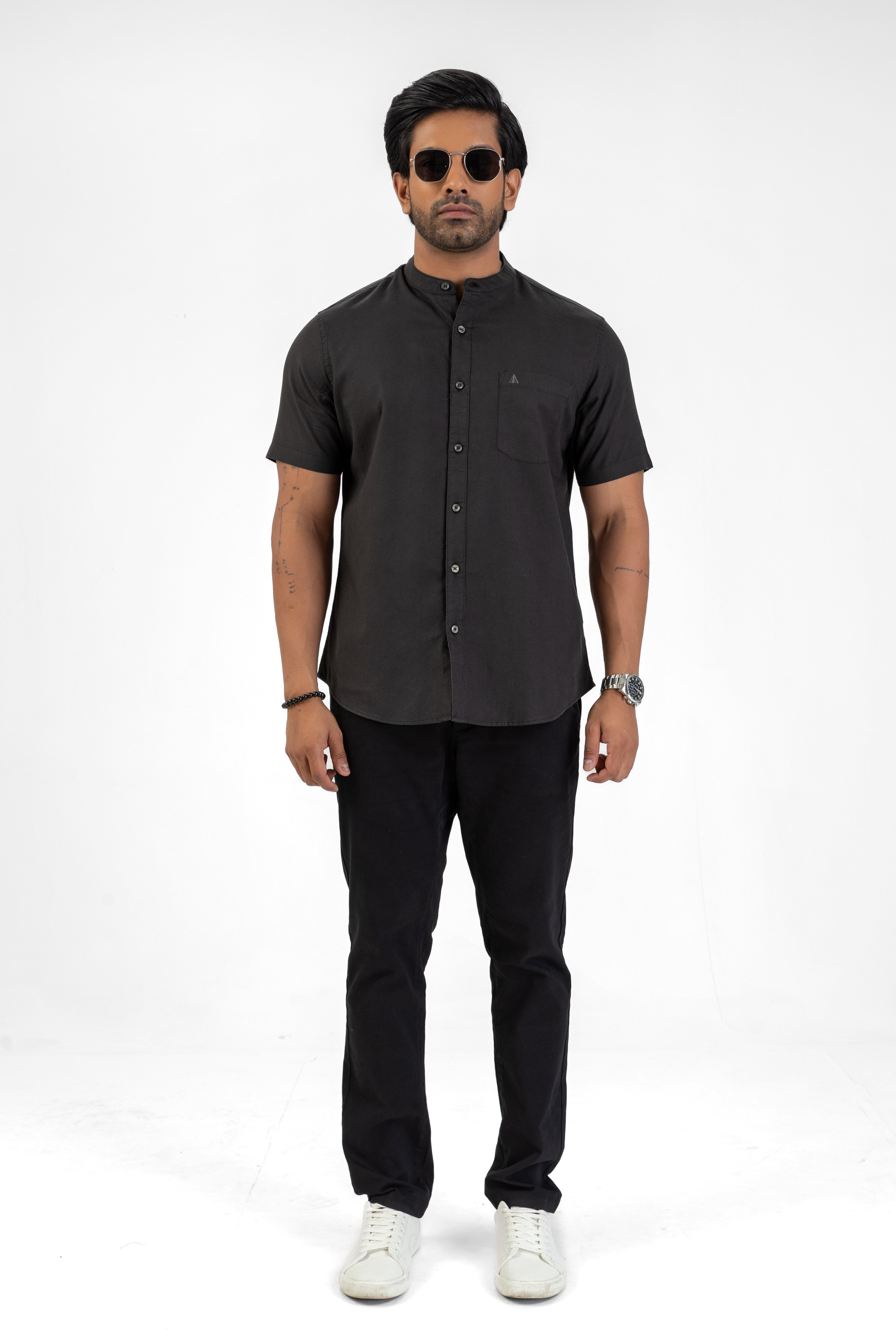 Chinese Collar Short Sleeve Shirt – Black