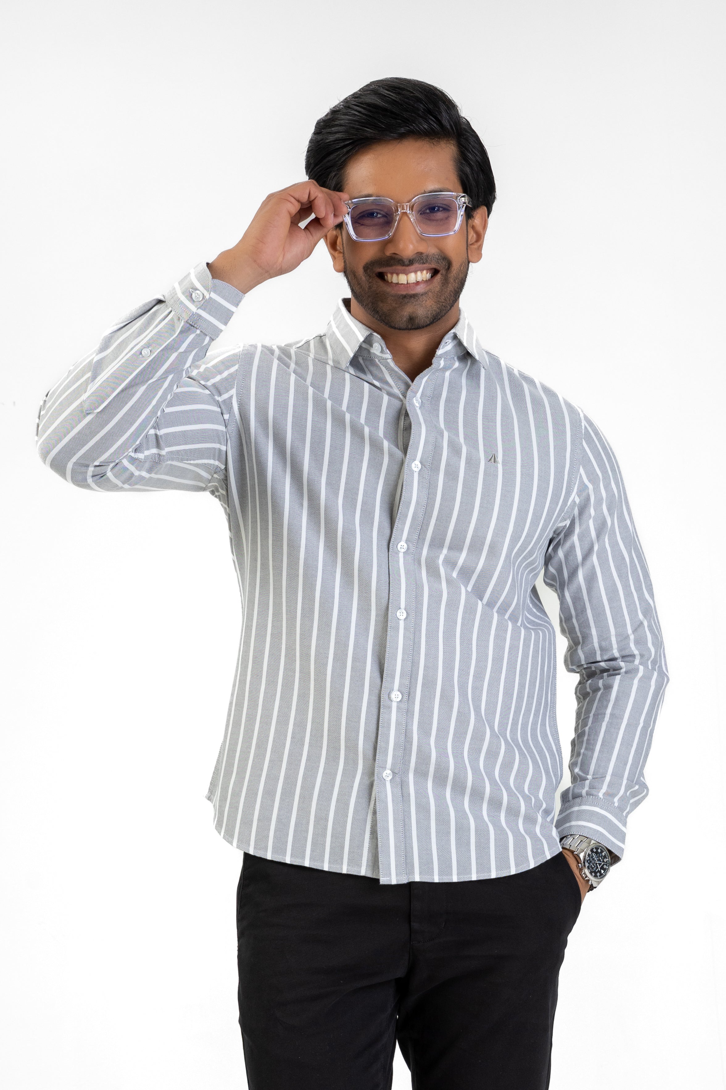 Cotton Stripe Long Sleeve Shirt – Grey | AnationZ
