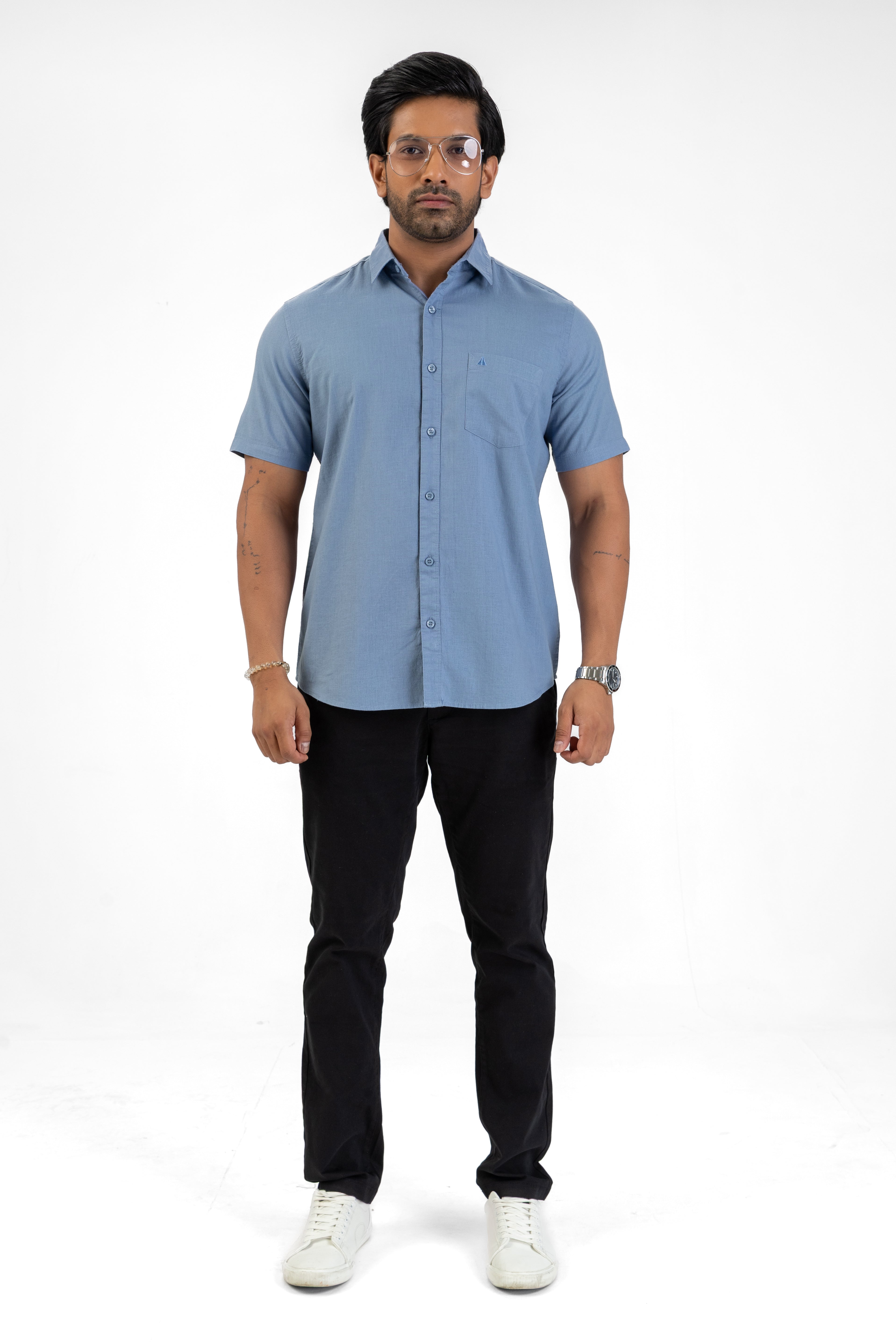 Short Sleeve Linen Cotton Shirt – Medium Blue
