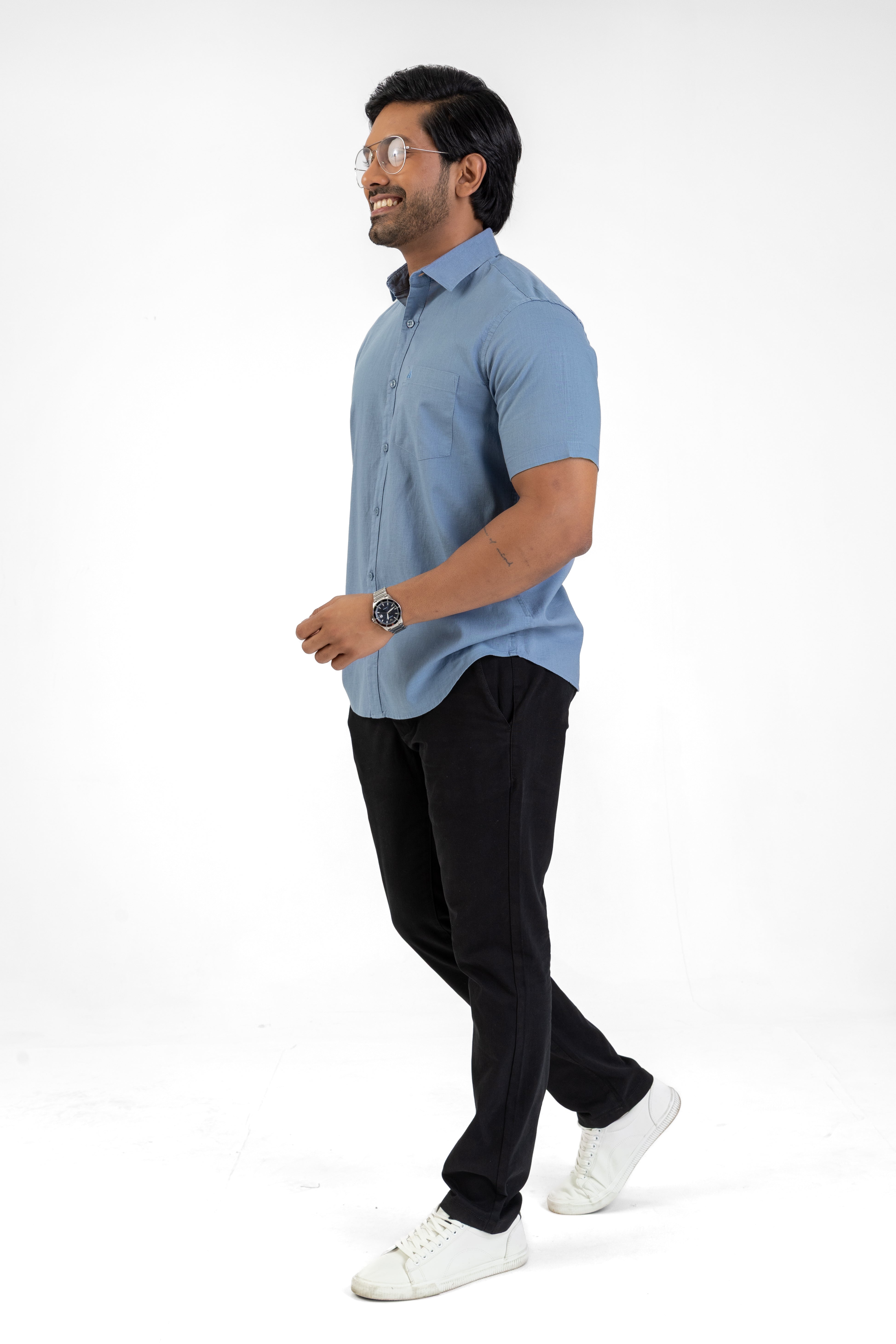 Short Sleeve Linen Cotton Shirt – Medium Blue