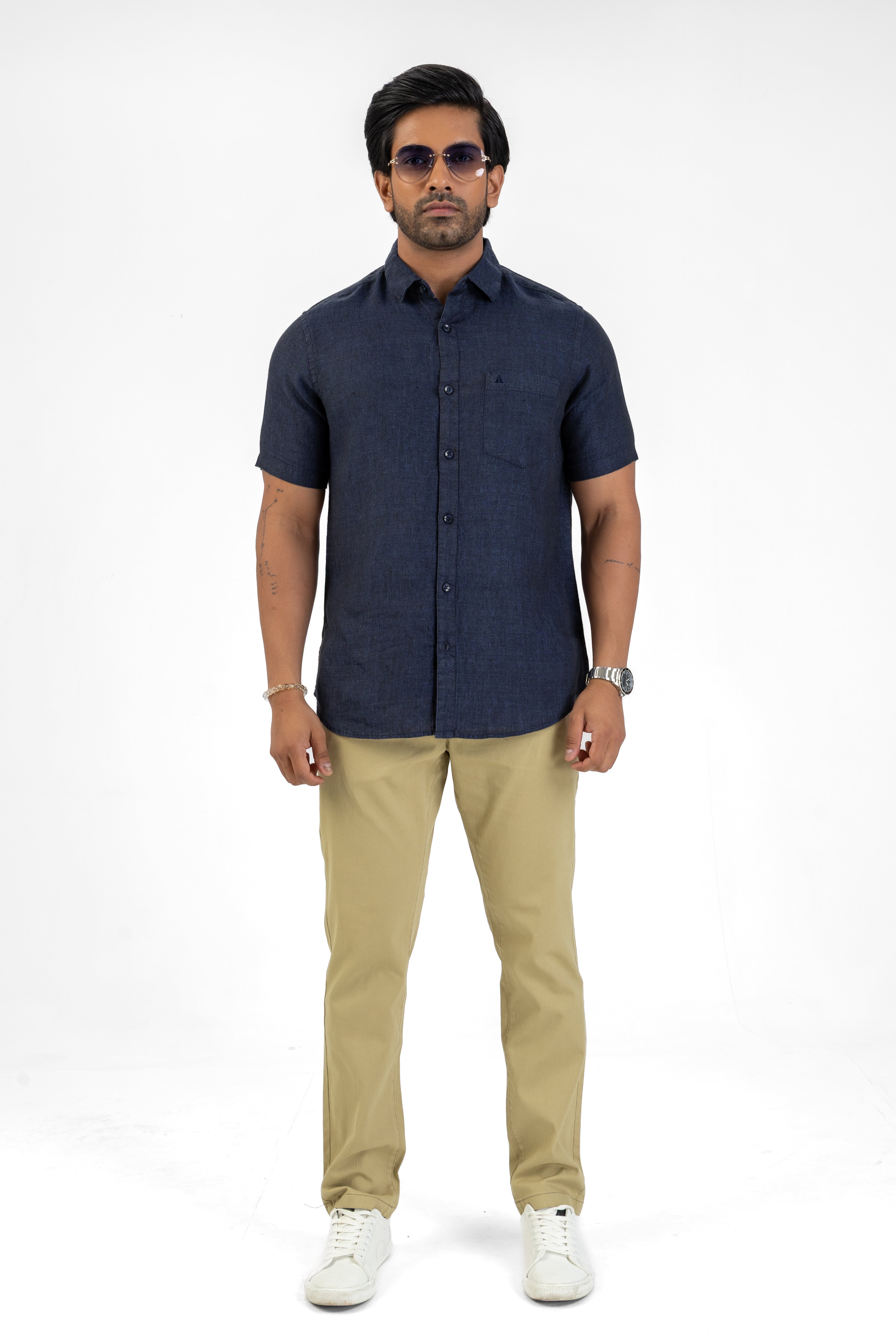 100% Linen Short Sleeve Shirt – Navy