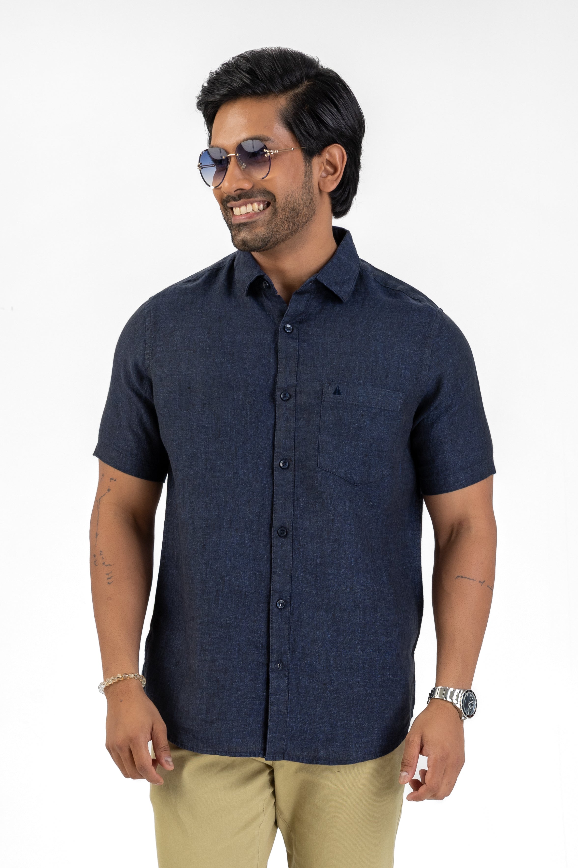 100% Linen Short Sleeve Shirt – Navy