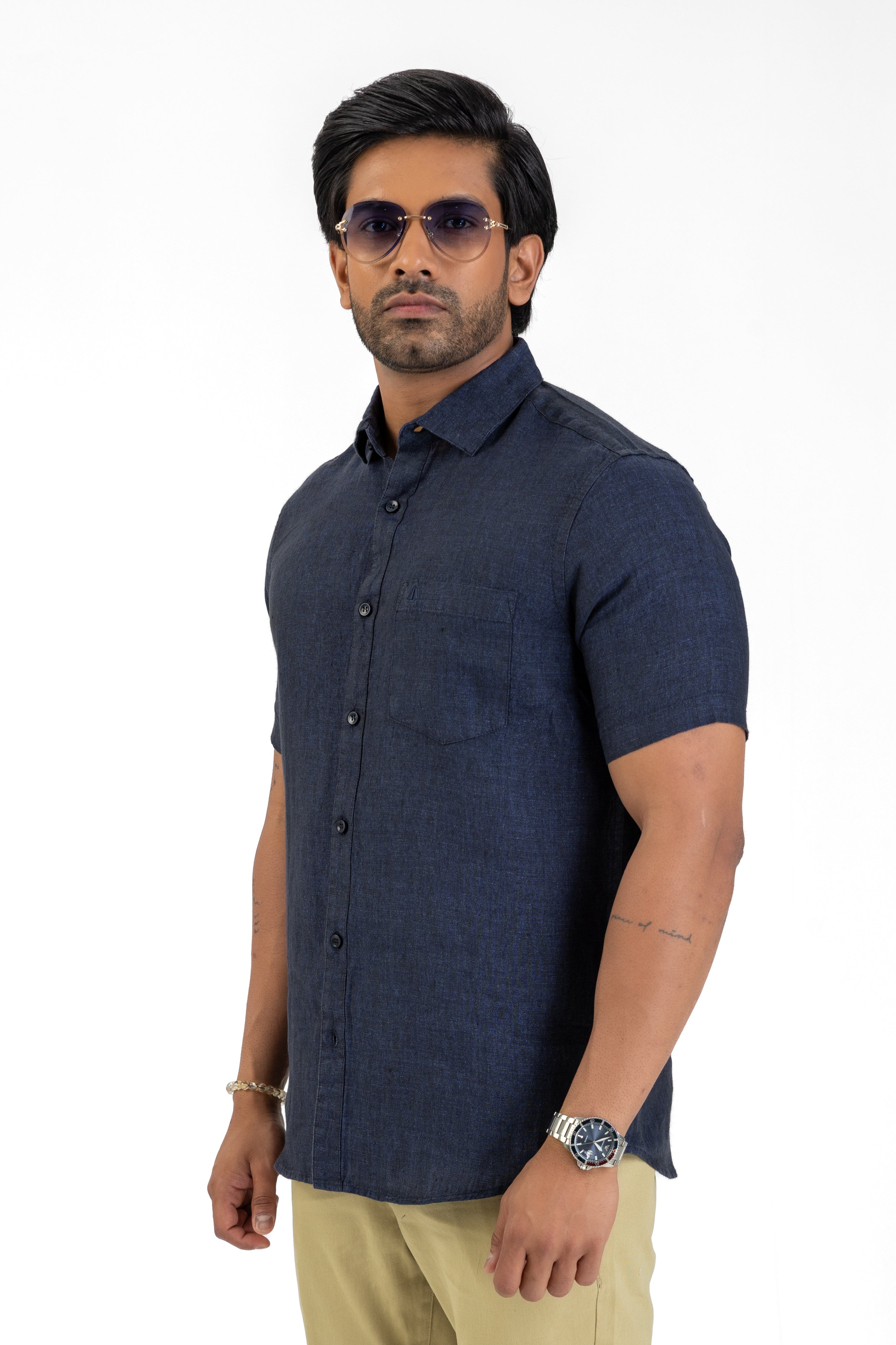100% Linen Short Sleeve Shirt – Navy