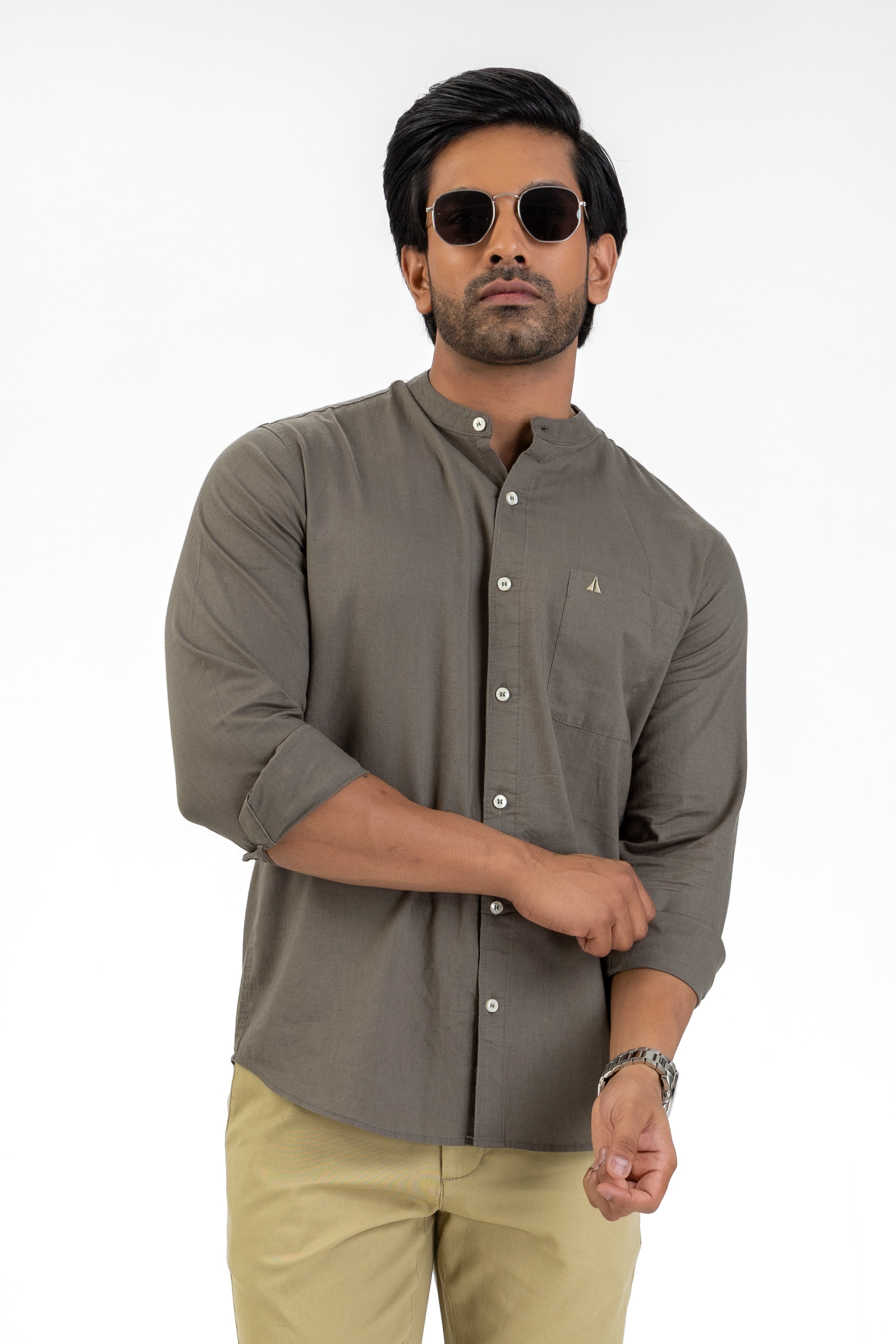 Slub Linen Cotton Chinese Collar Shirt – Dark Green