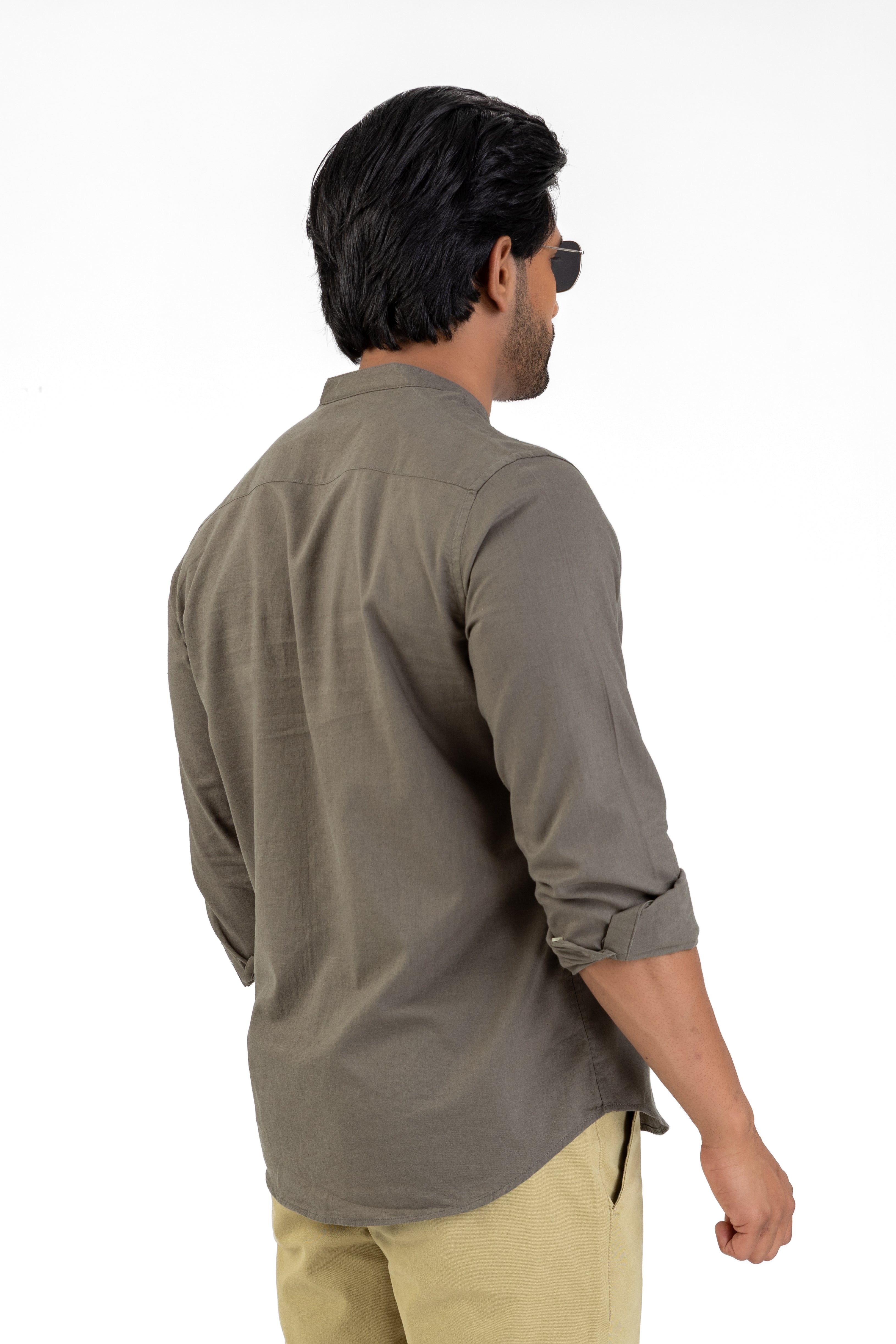 Slub Linen Cotton Chinese Collar Shirt – Dark Green