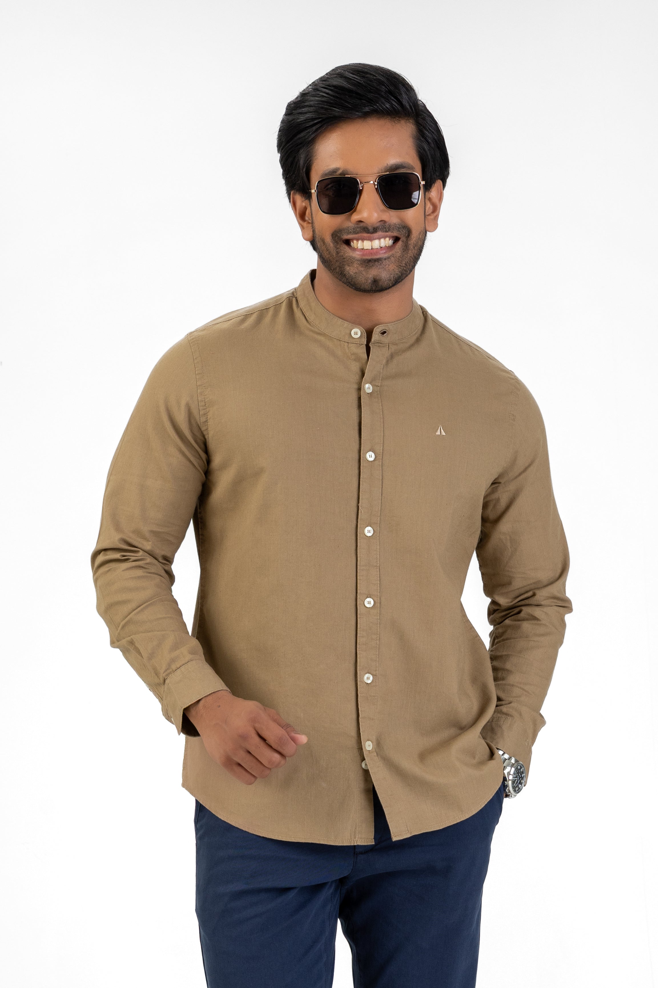 Linen Cotton Chinese Collar Shirt – Light Brown