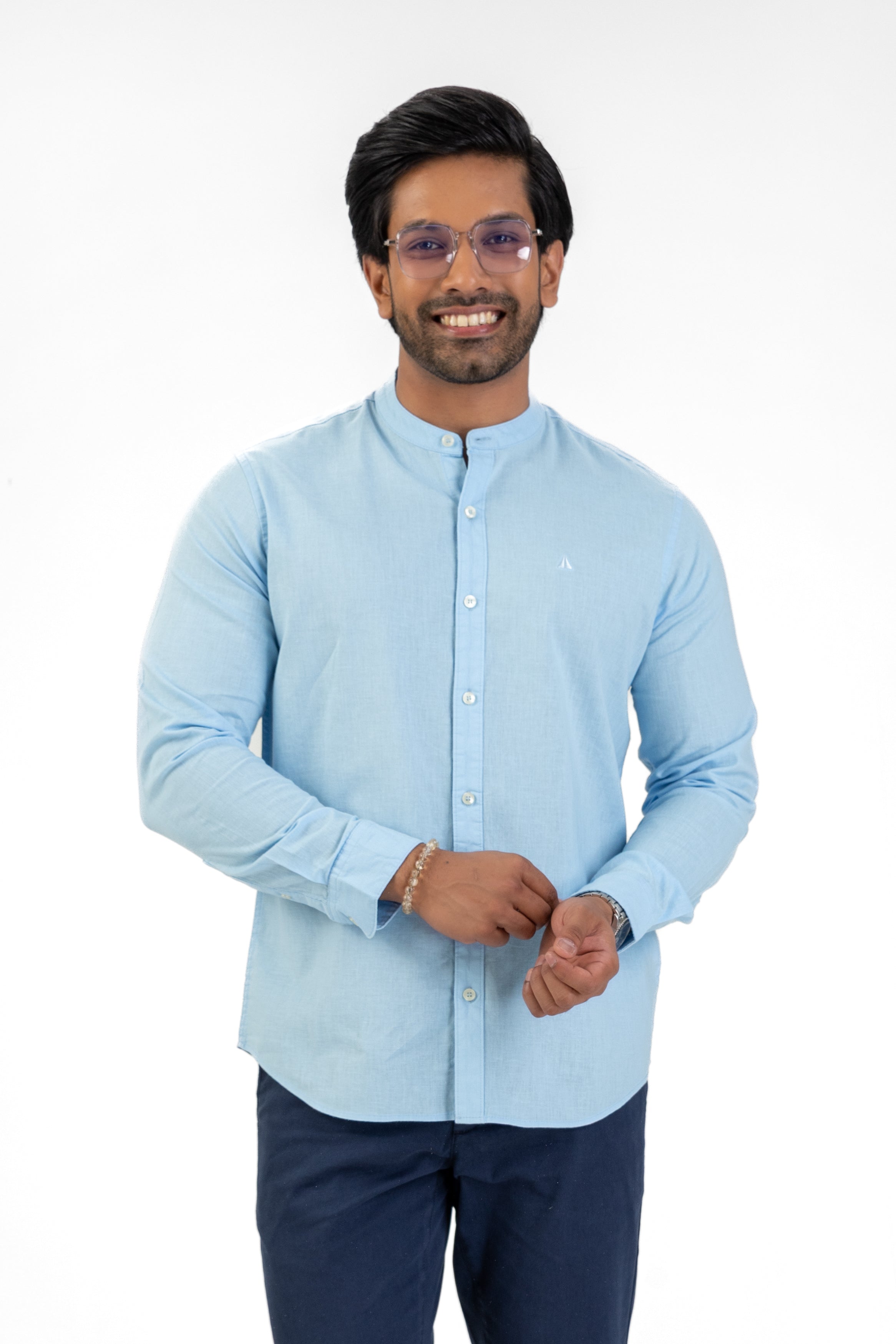 Linen Cotton Chinese Collar Shirt – Light Blue