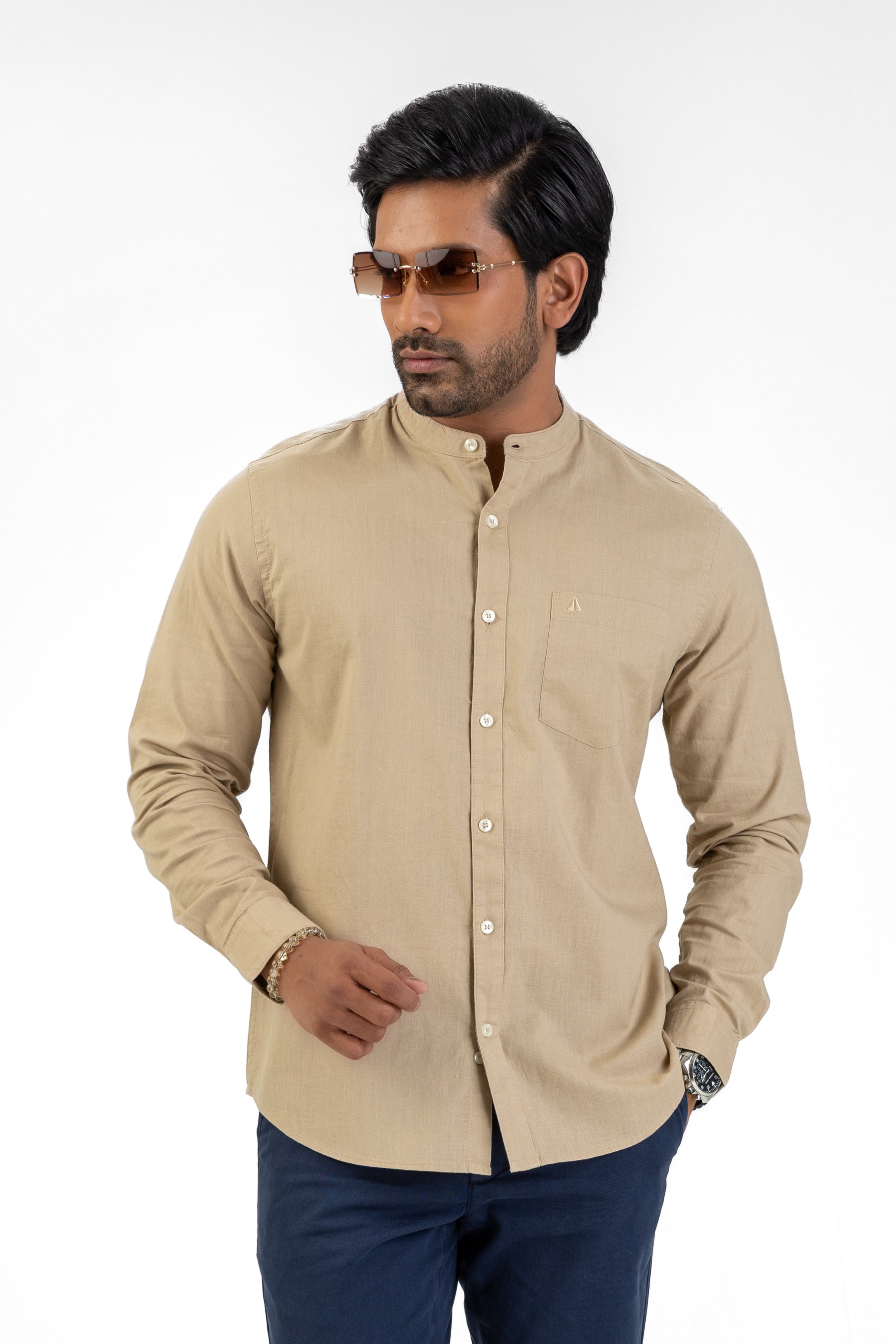 Slub Linen Cotton Chinese Collar Shirt – Camel