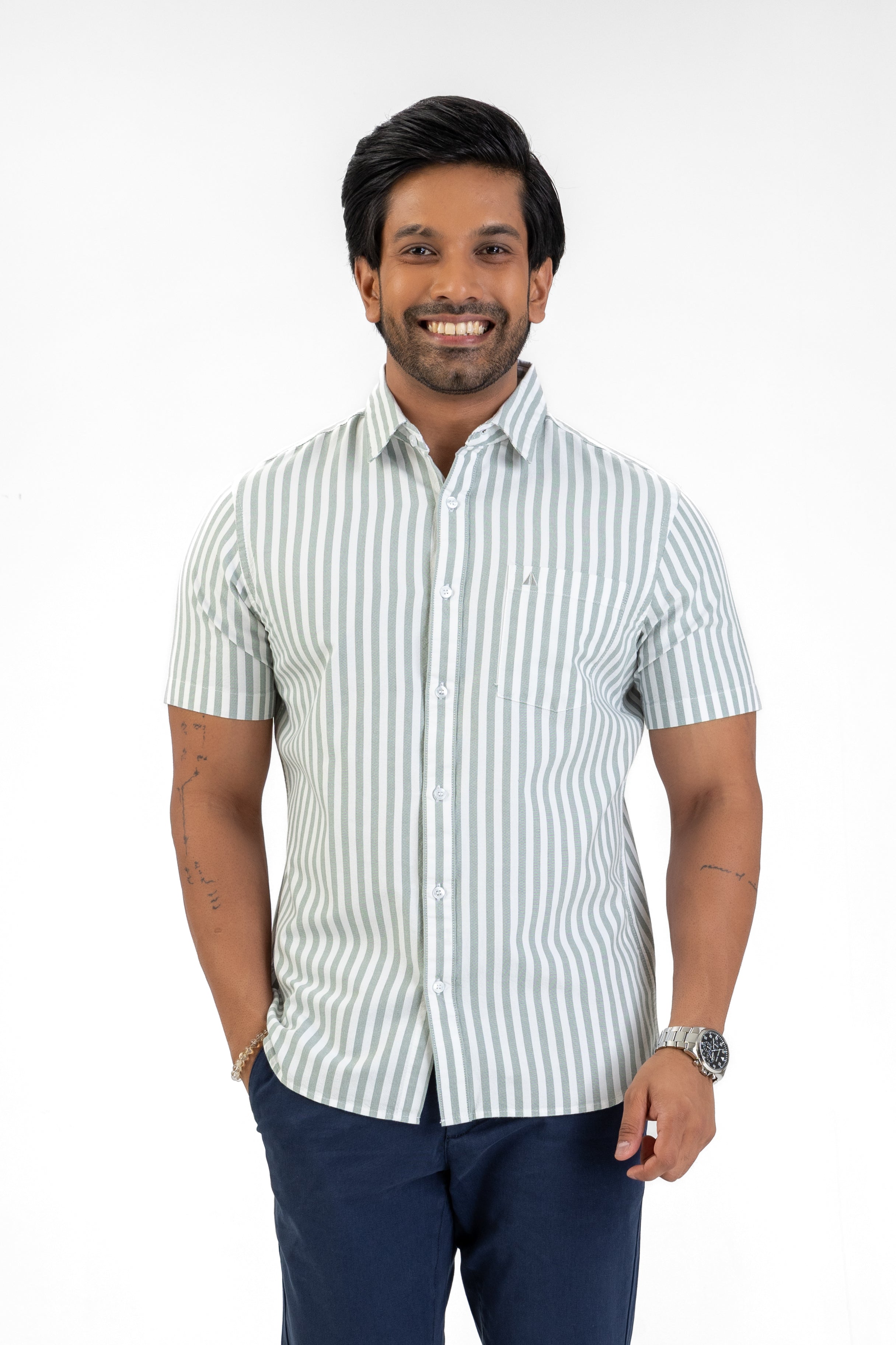 Cotton Stripe Short Sleeve Shirt – Light Green