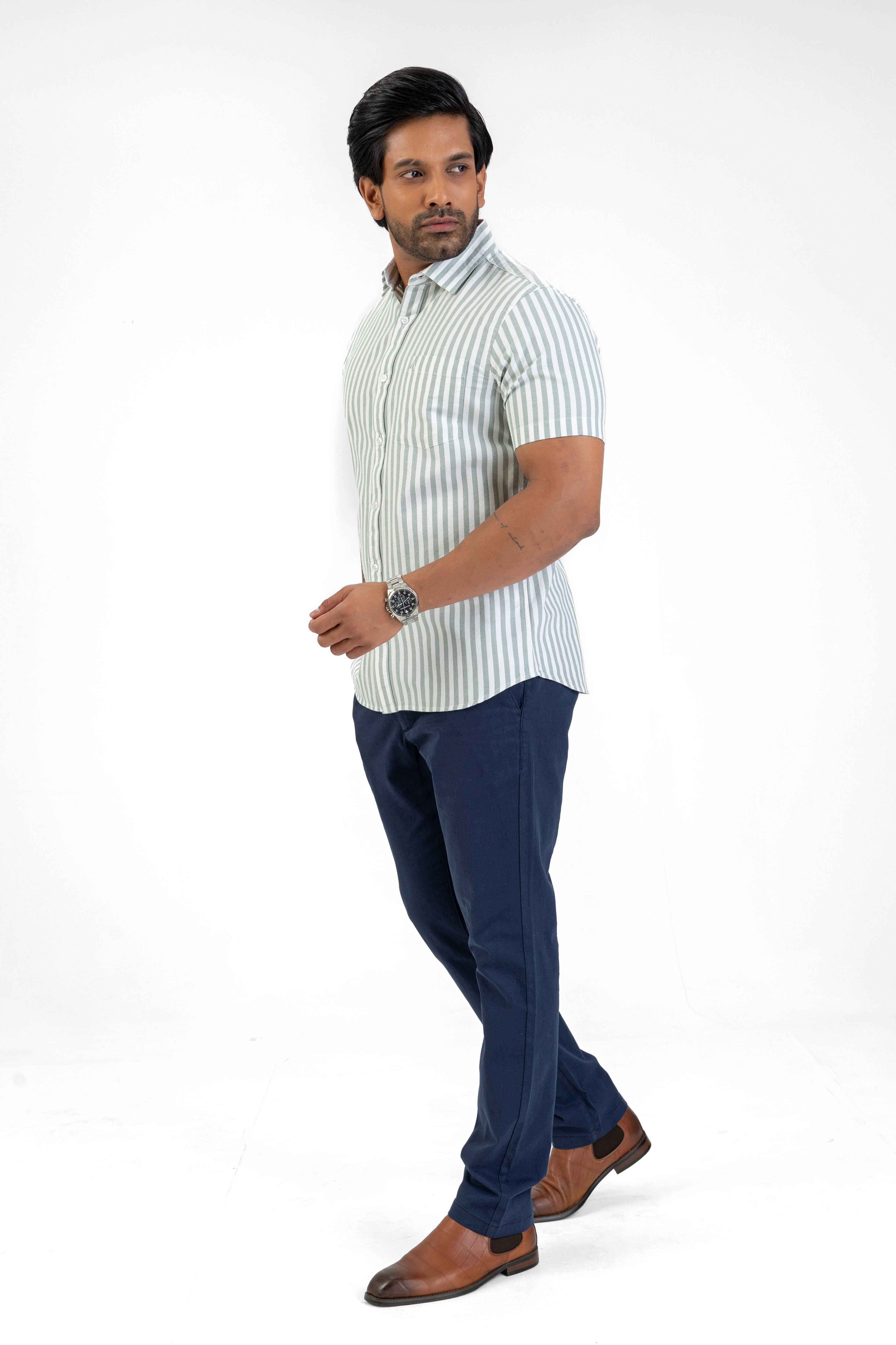 Cotton Stripe Short Sleeve Shirt – Light Green