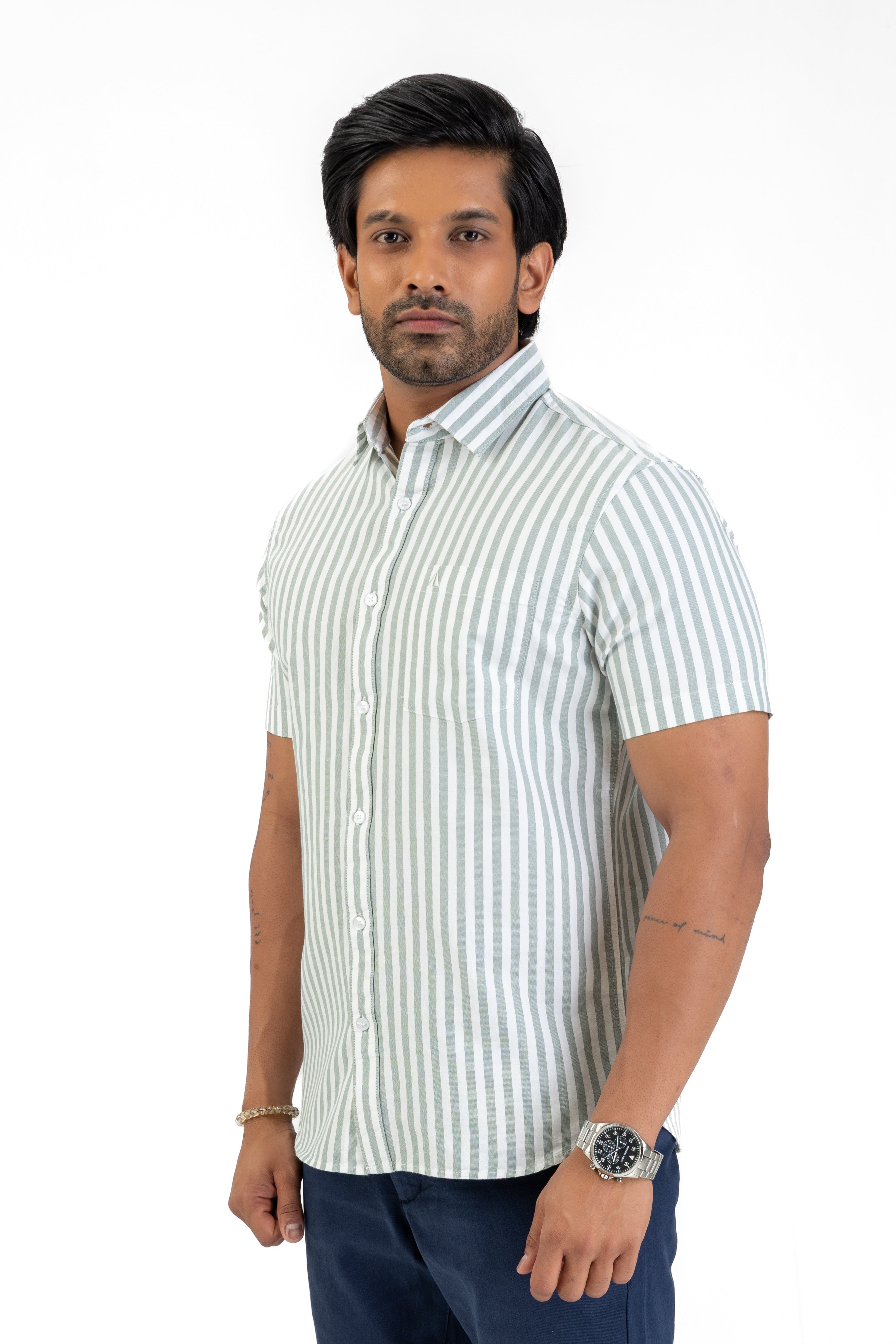 Cotton Stripe Short Sleeve Shirt – Light Green
