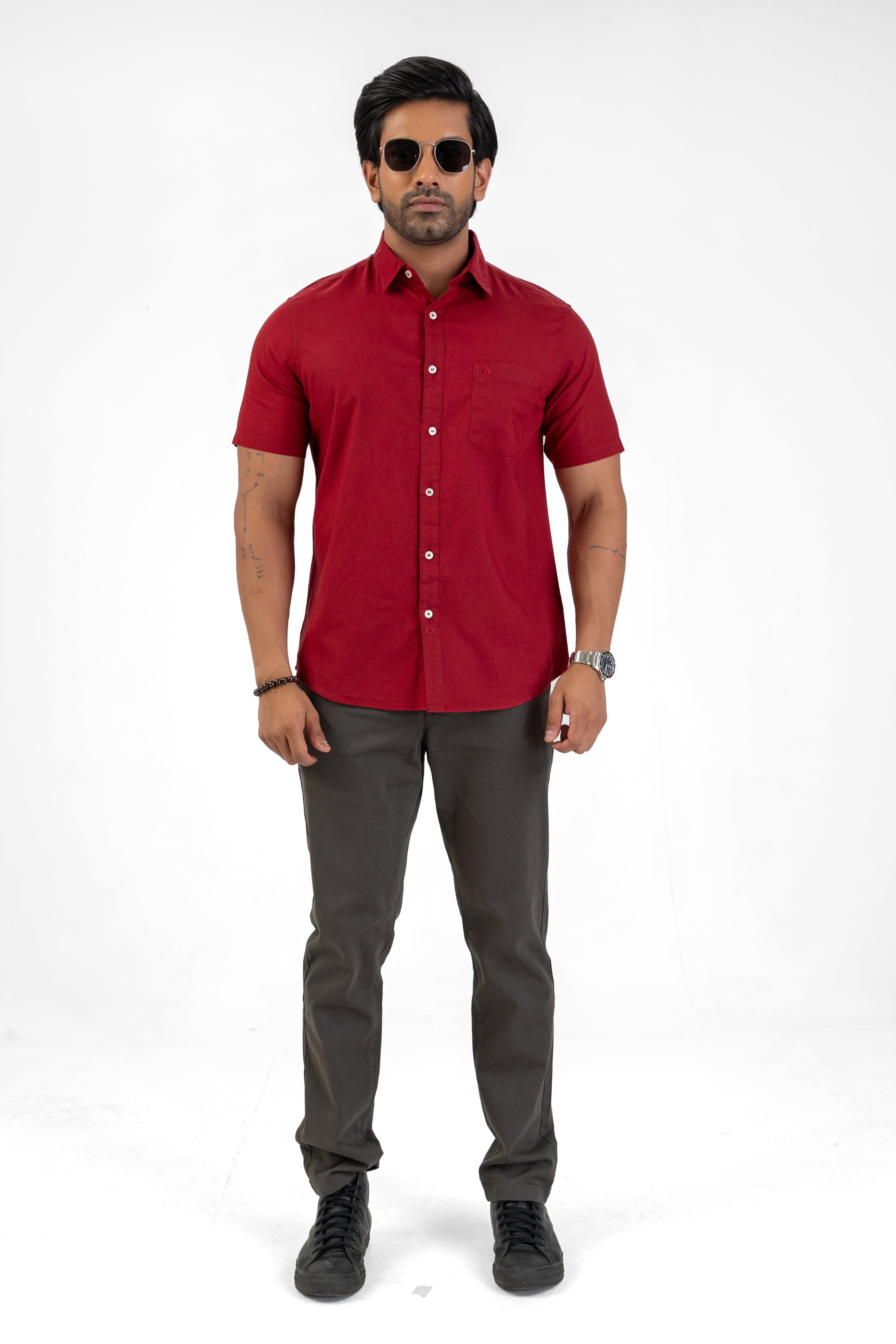 Short Sleeve Linen Cotton Shirt – Maroon
