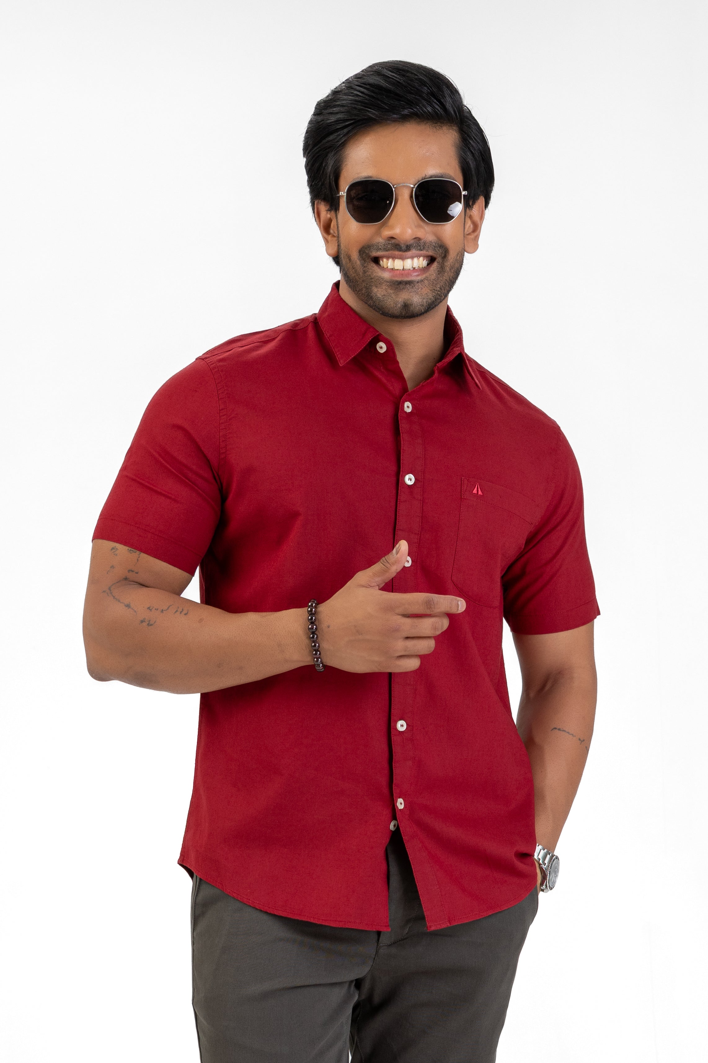 Short Sleeve Linen Cotton Shirt – Maroon