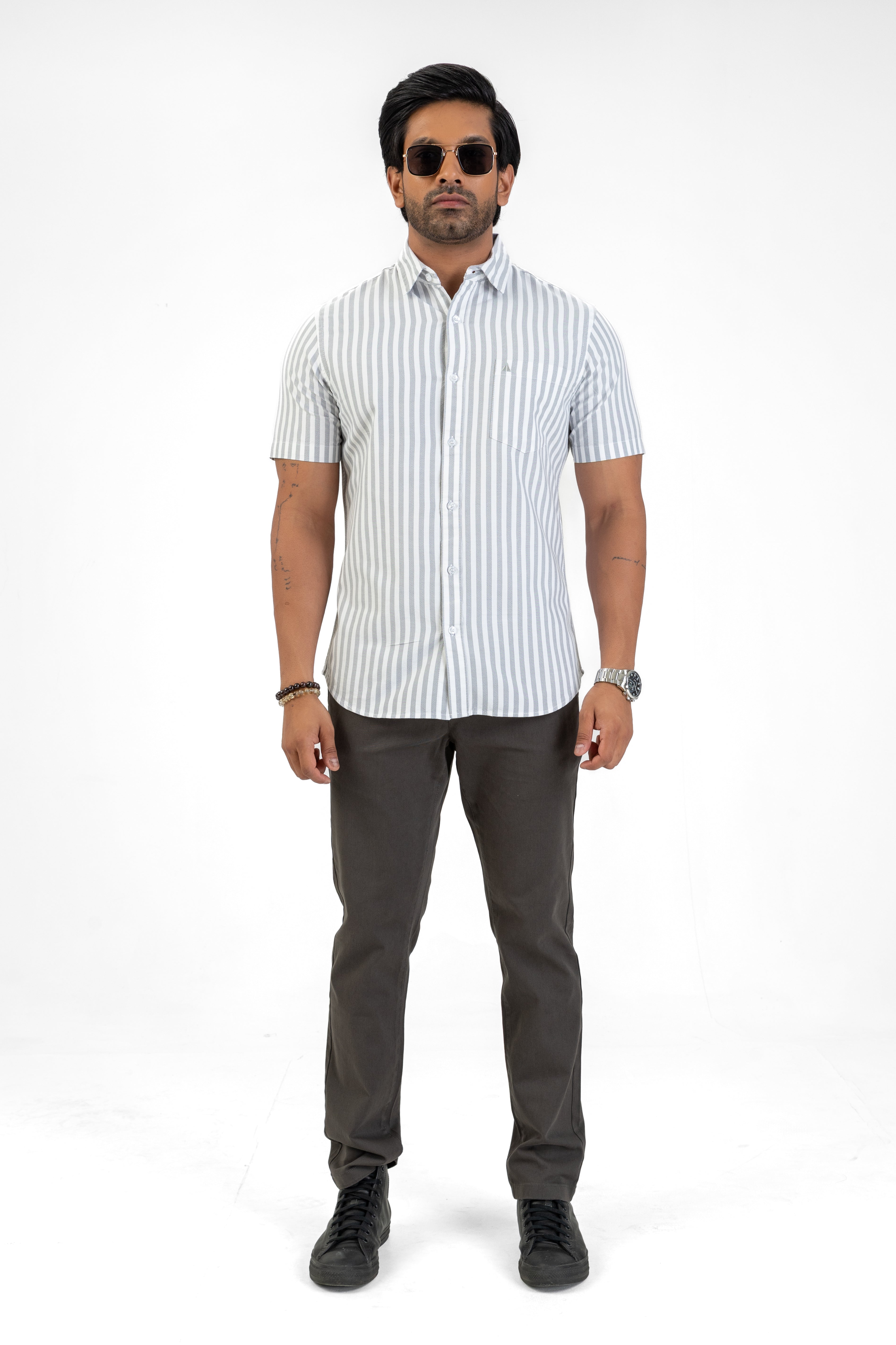 Cotton Stripe Short Sleeve Shirt – Light Grey