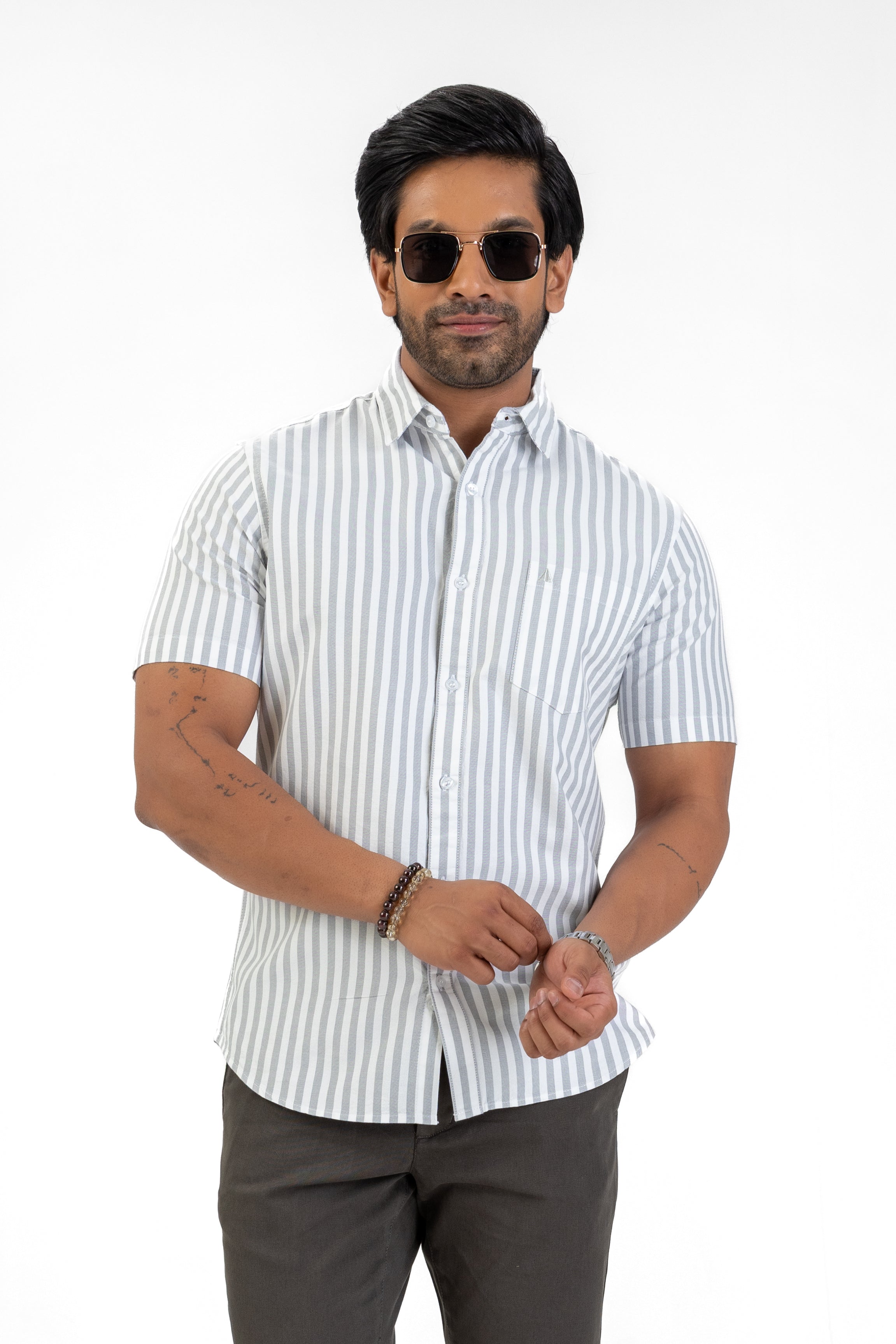 Cotton Stripe Short Sleeve Shirt – Light Grey