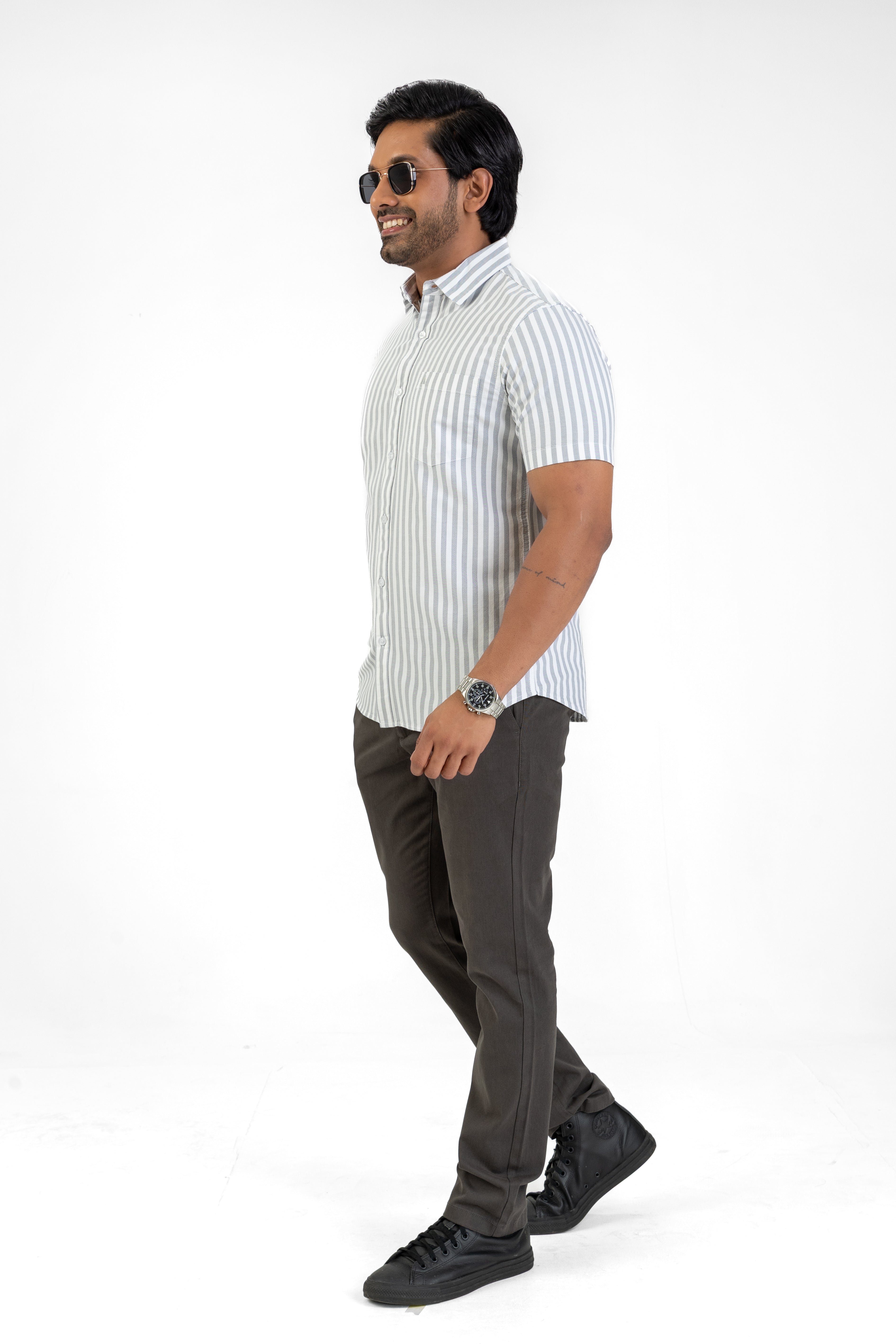 Cotton Stripe Short Sleeve Shirt – Light Grey