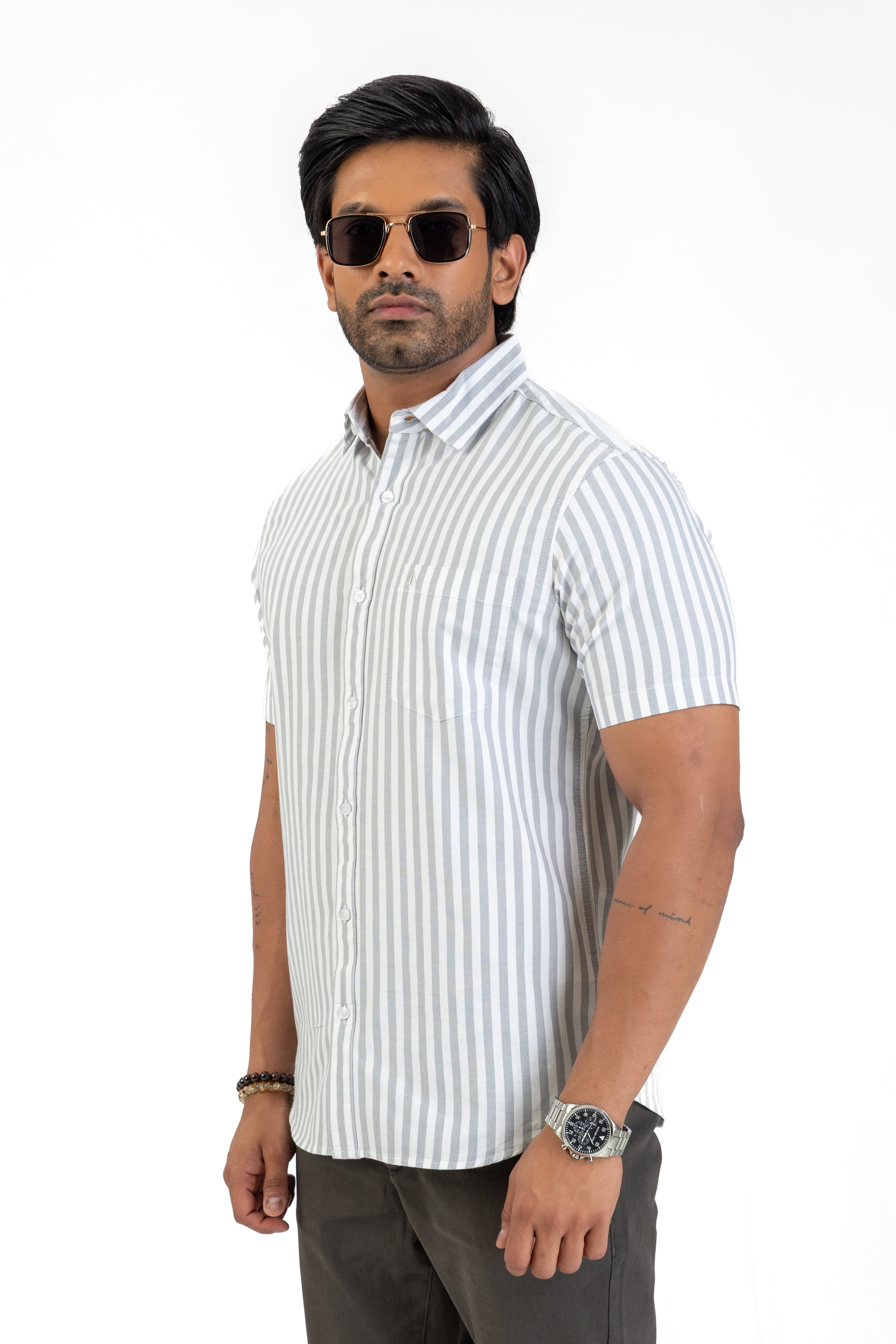 Cotton Stripe Short Sleeve Shirt – Light Grey