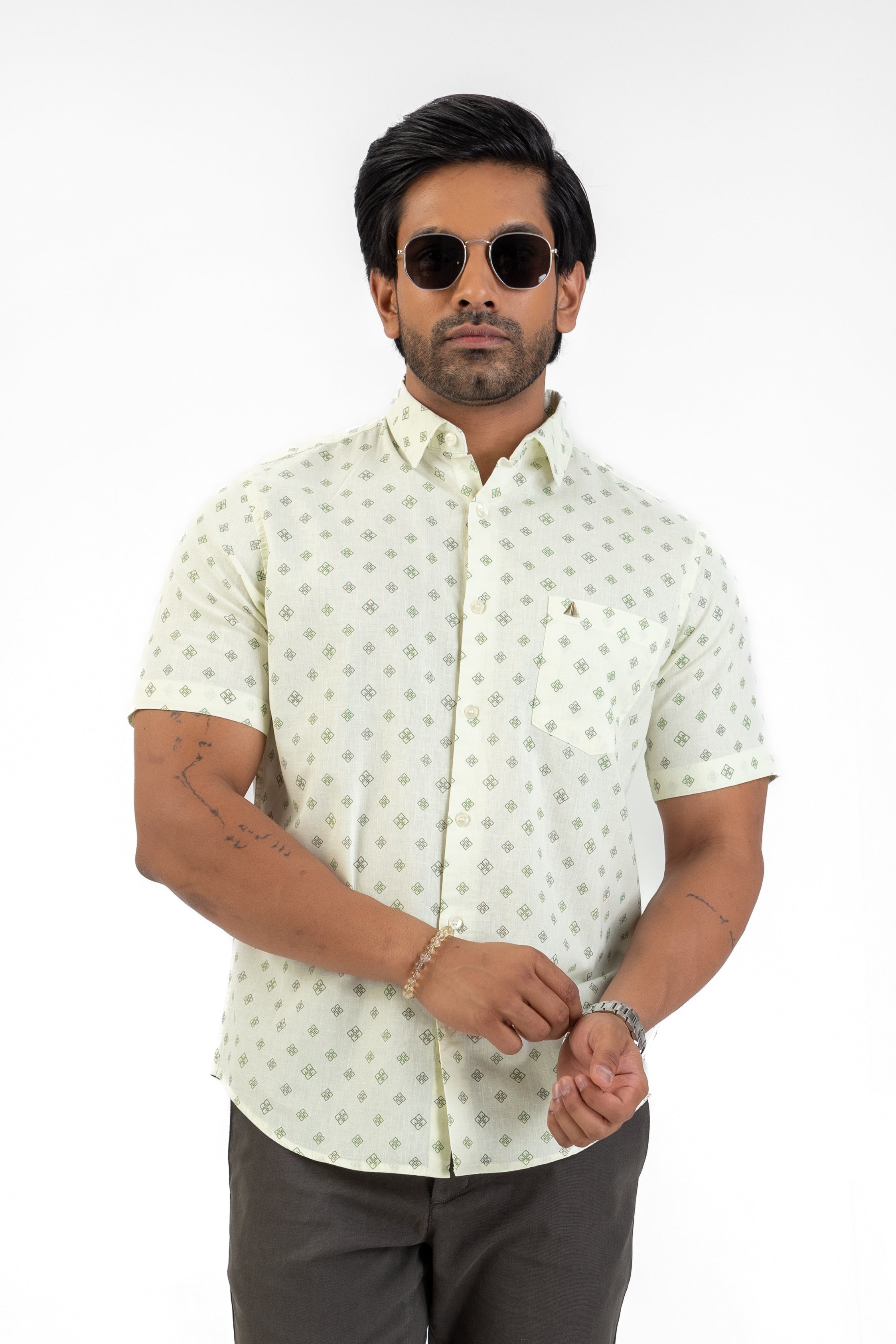 Linen Cotton Printed Short Sleeve Shirt – Light Green