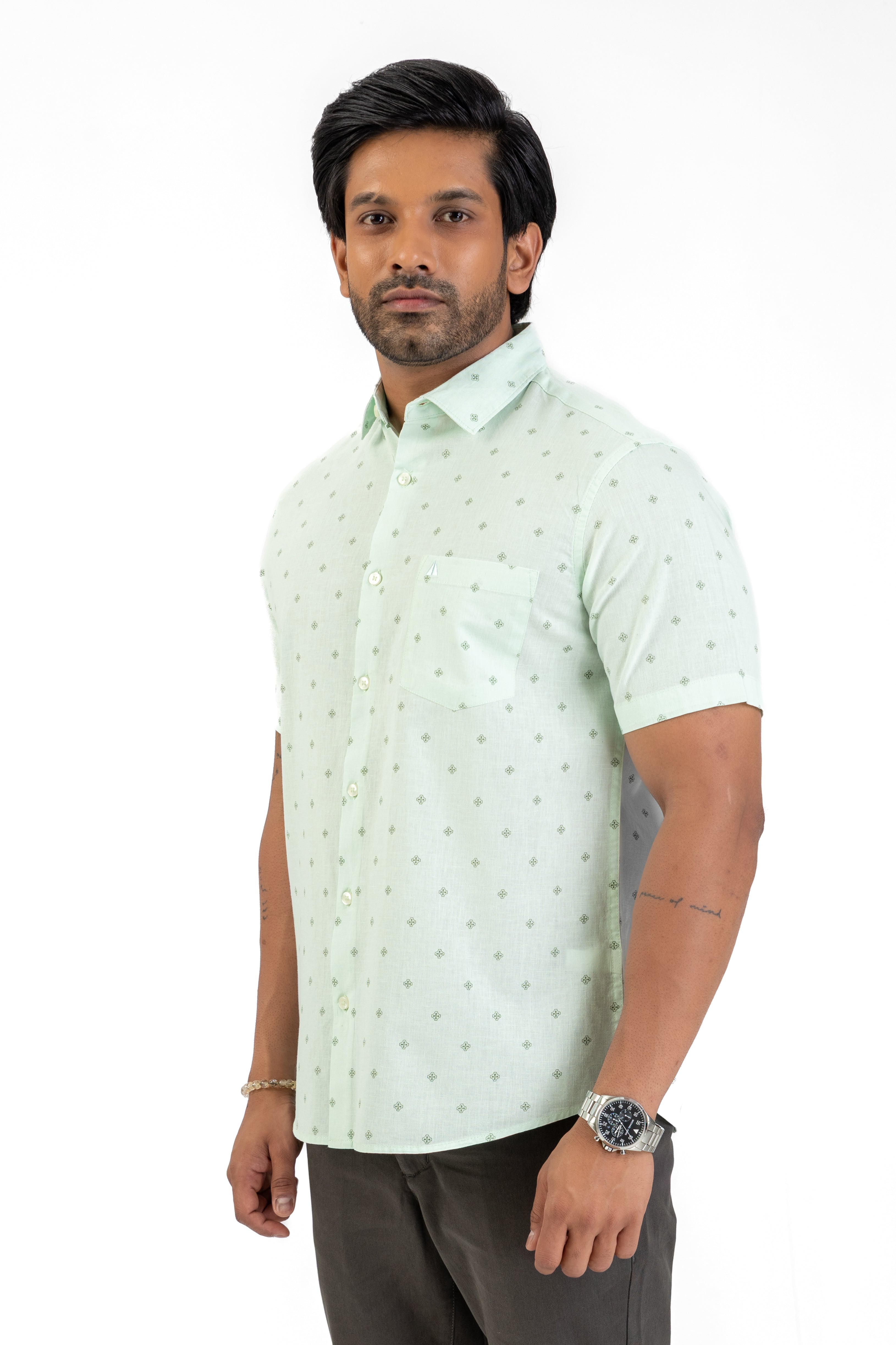 Linen Cotton Printed Short Sleeve Shirt – Green