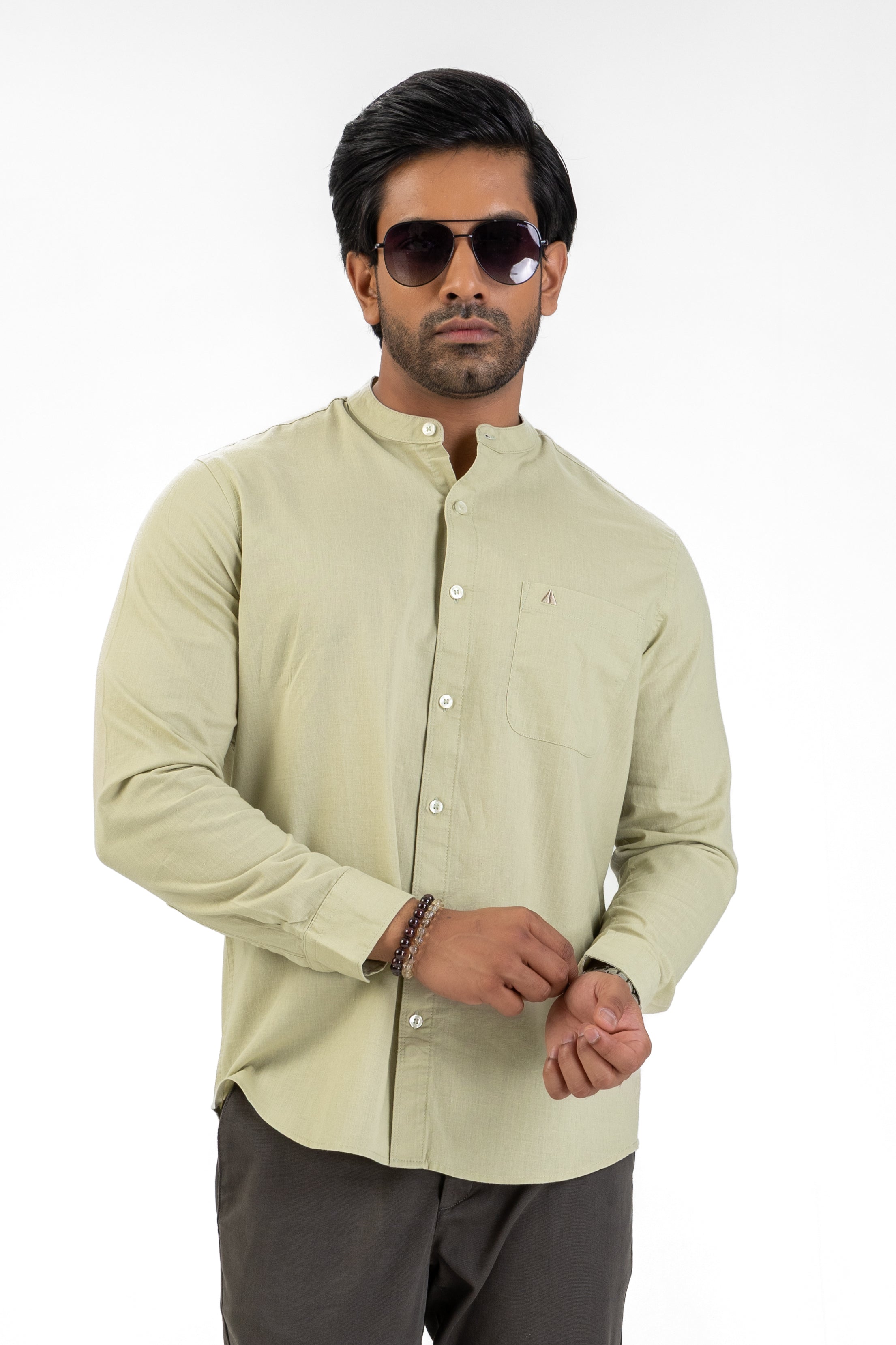 Slub Linen Cotton Chinese Collar Shirt – Light Green