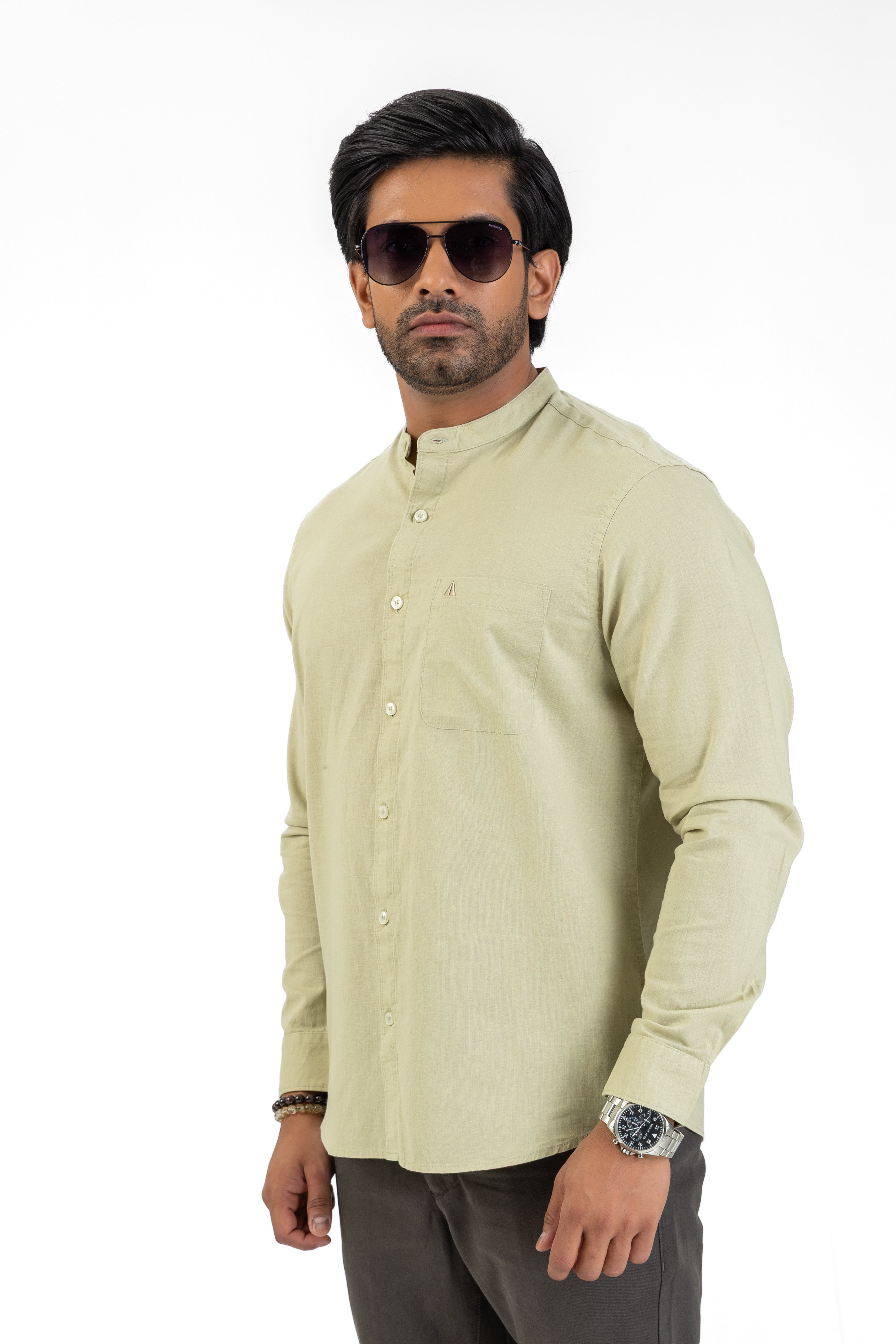 Slub Linen Cotton Chinese Collar Shirt – Light Green