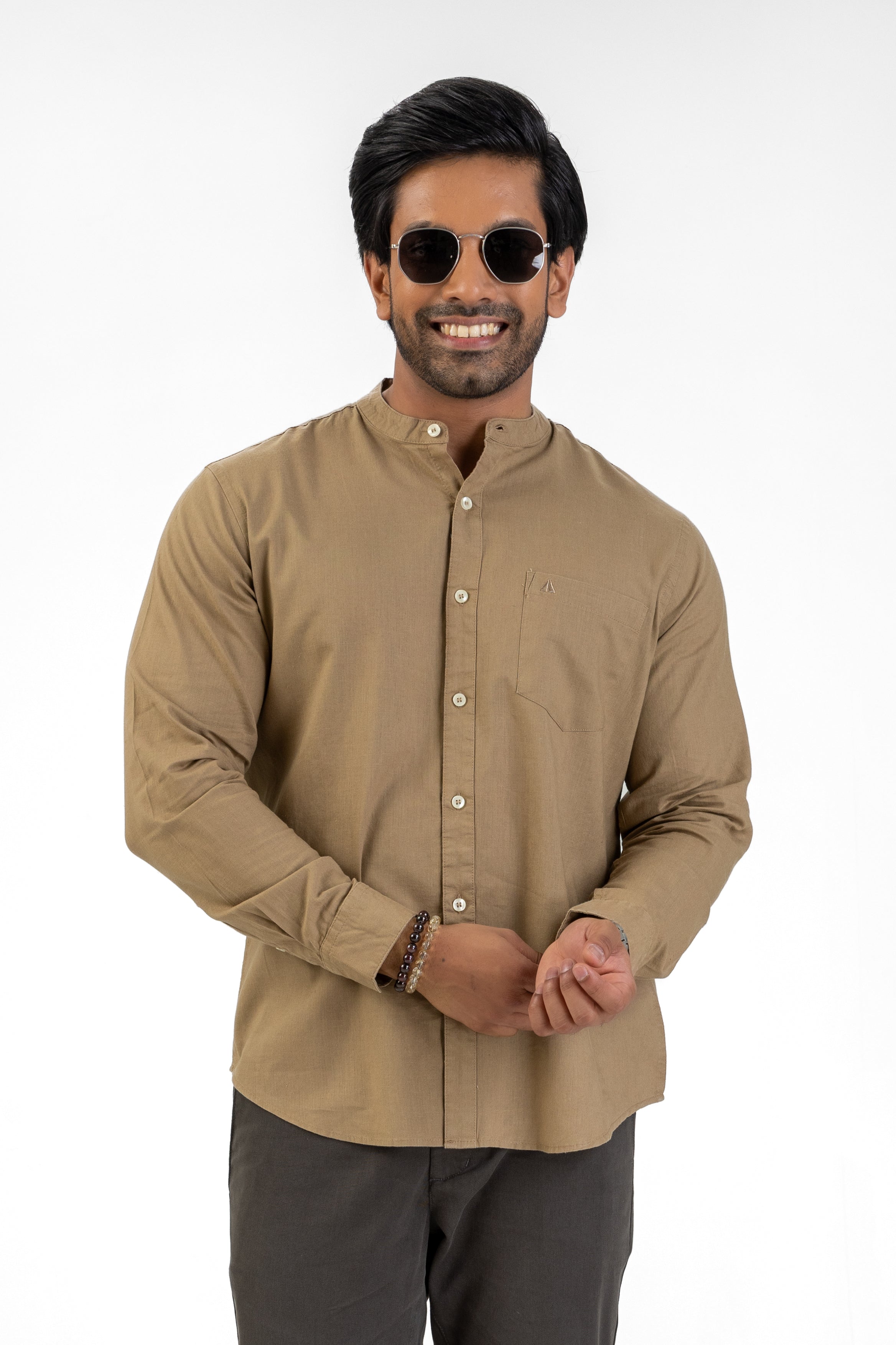 Slub Linen Cotton Chinese Collar Shirt – Light Brown