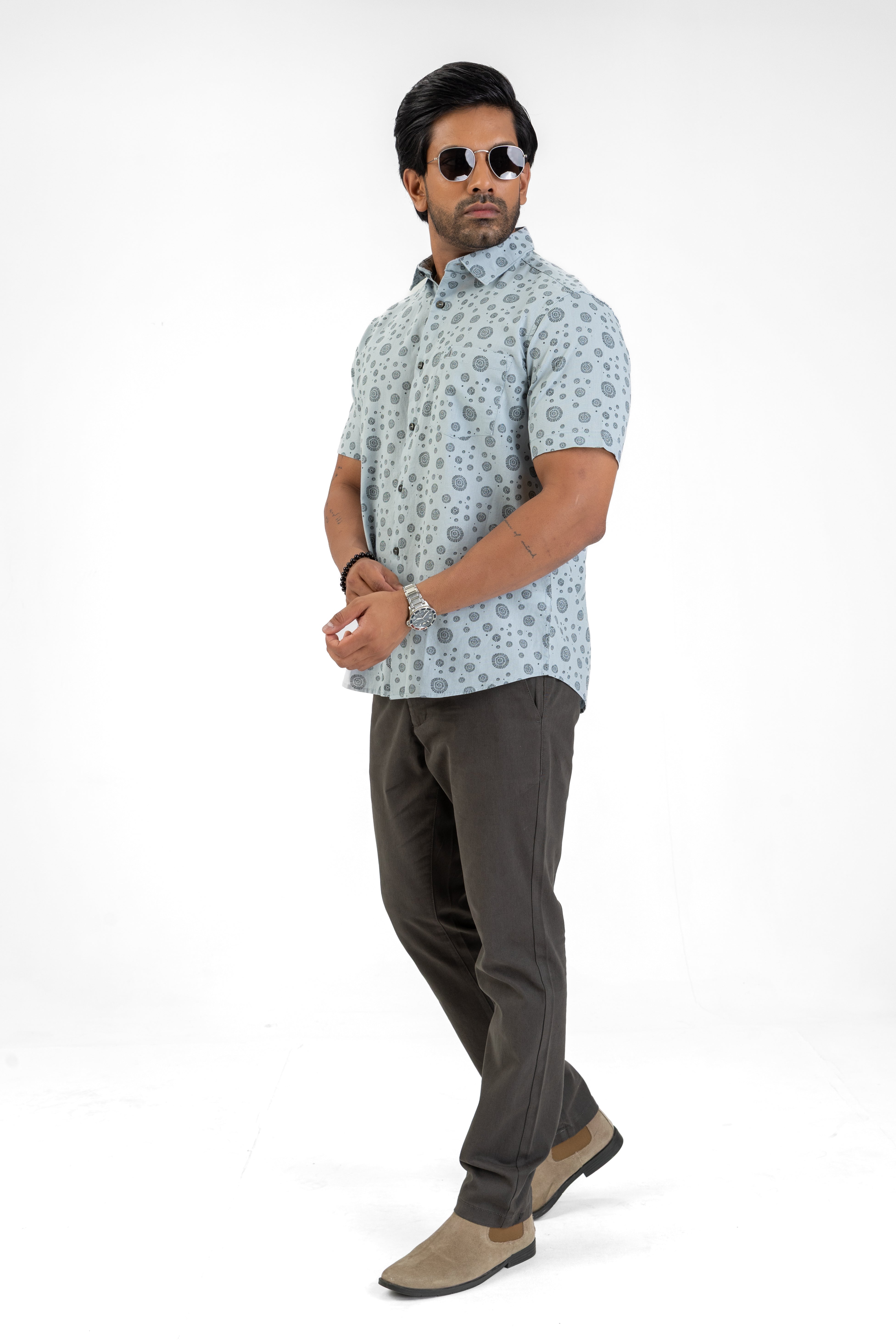 Linen Cotton Printed Short Sleeve Shirt – Sky Blue