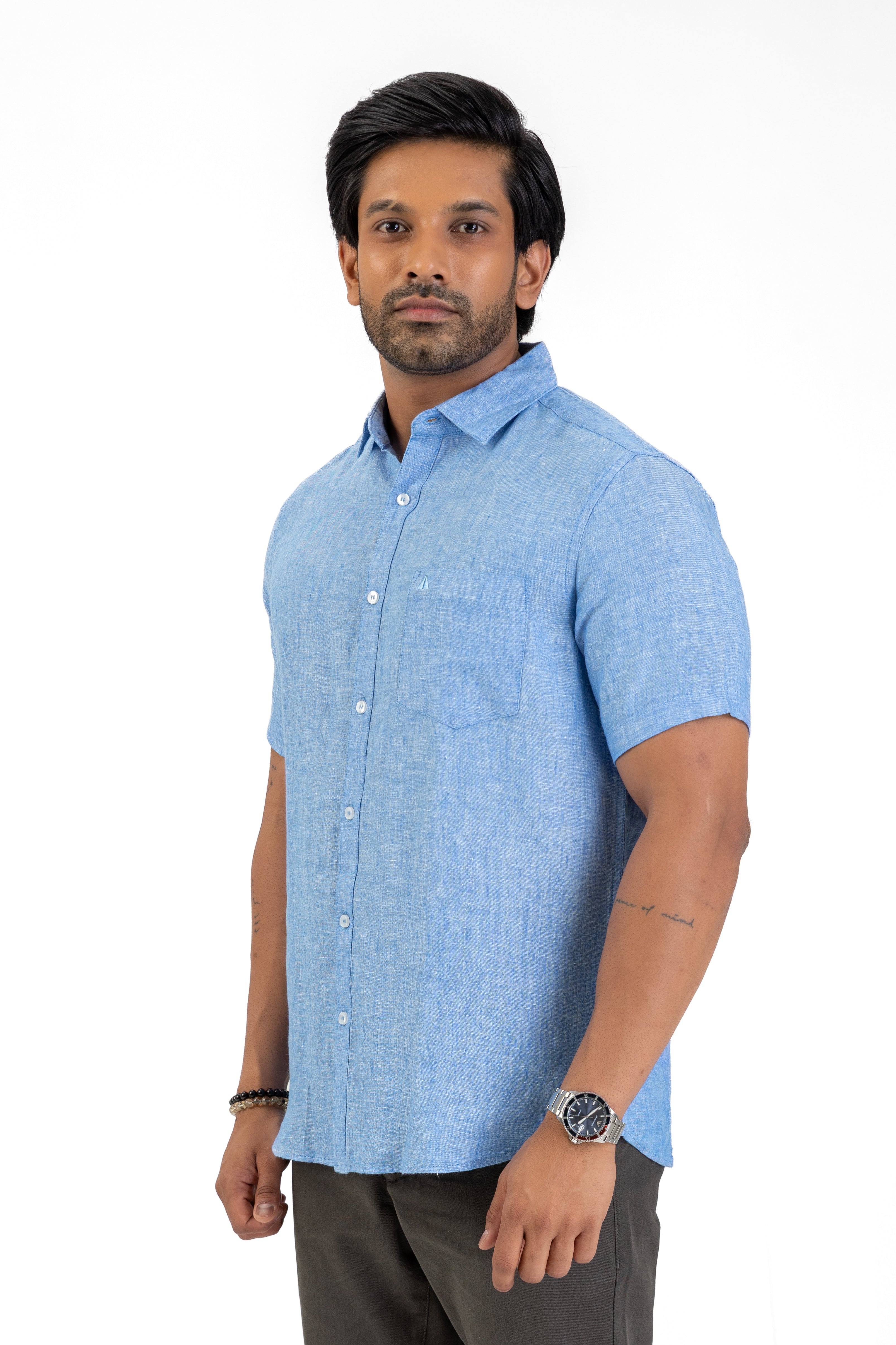 100% Linen Short Sleeve Shirt – Light Blue