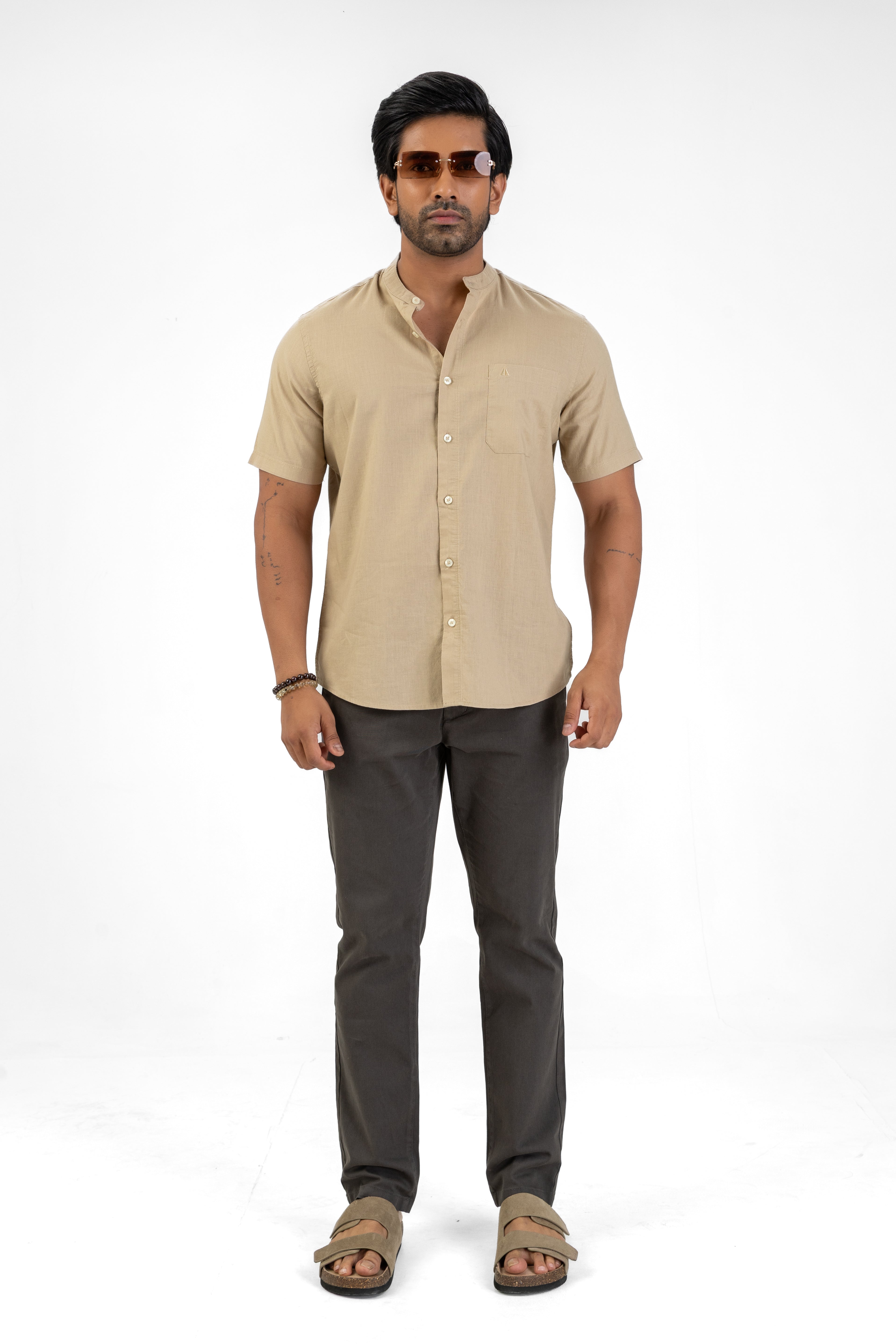 Chinese Collar Short Sleeve Shirt – Camel