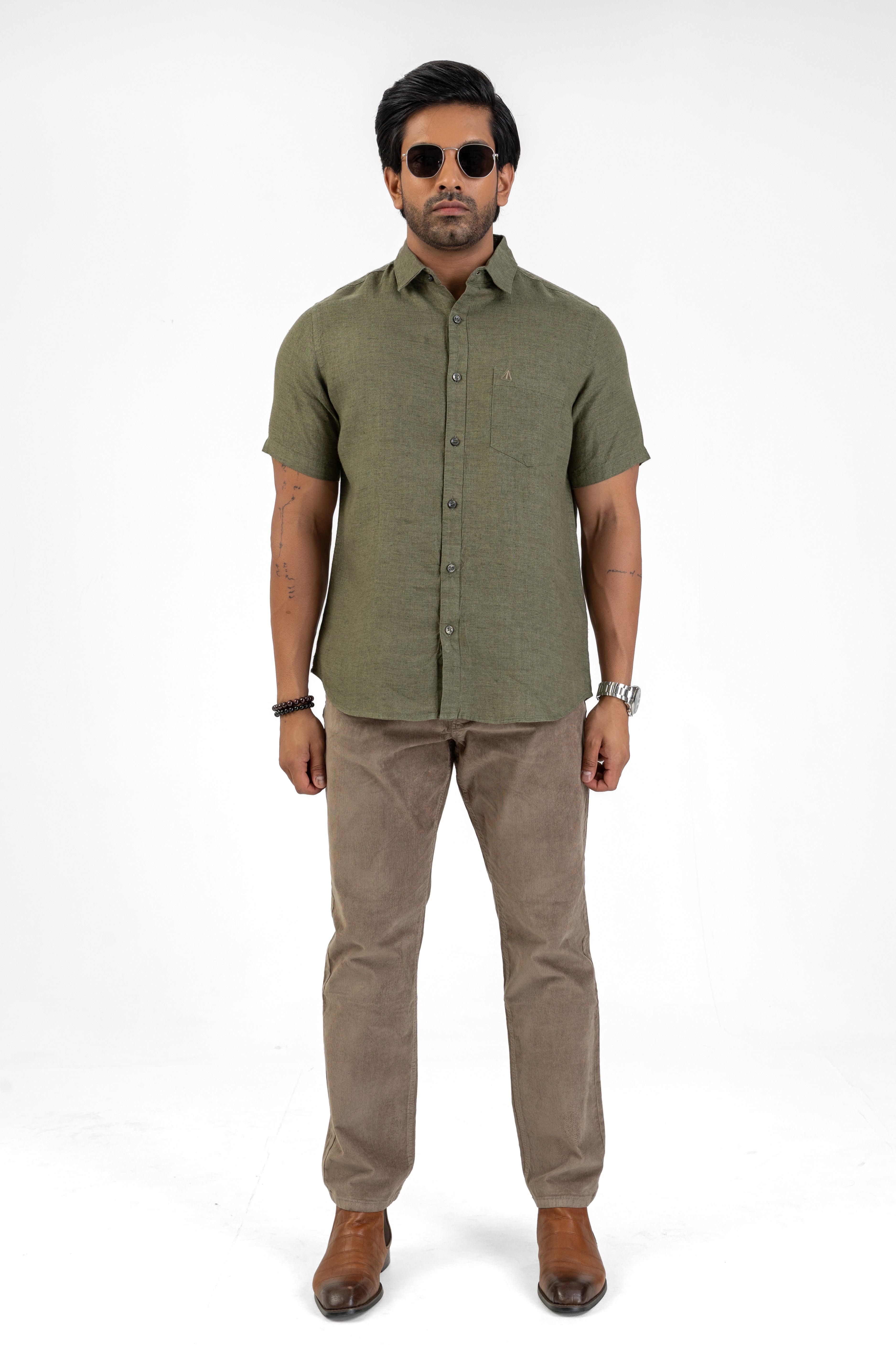 100% Linen Short Sleeve Shirt – Olive