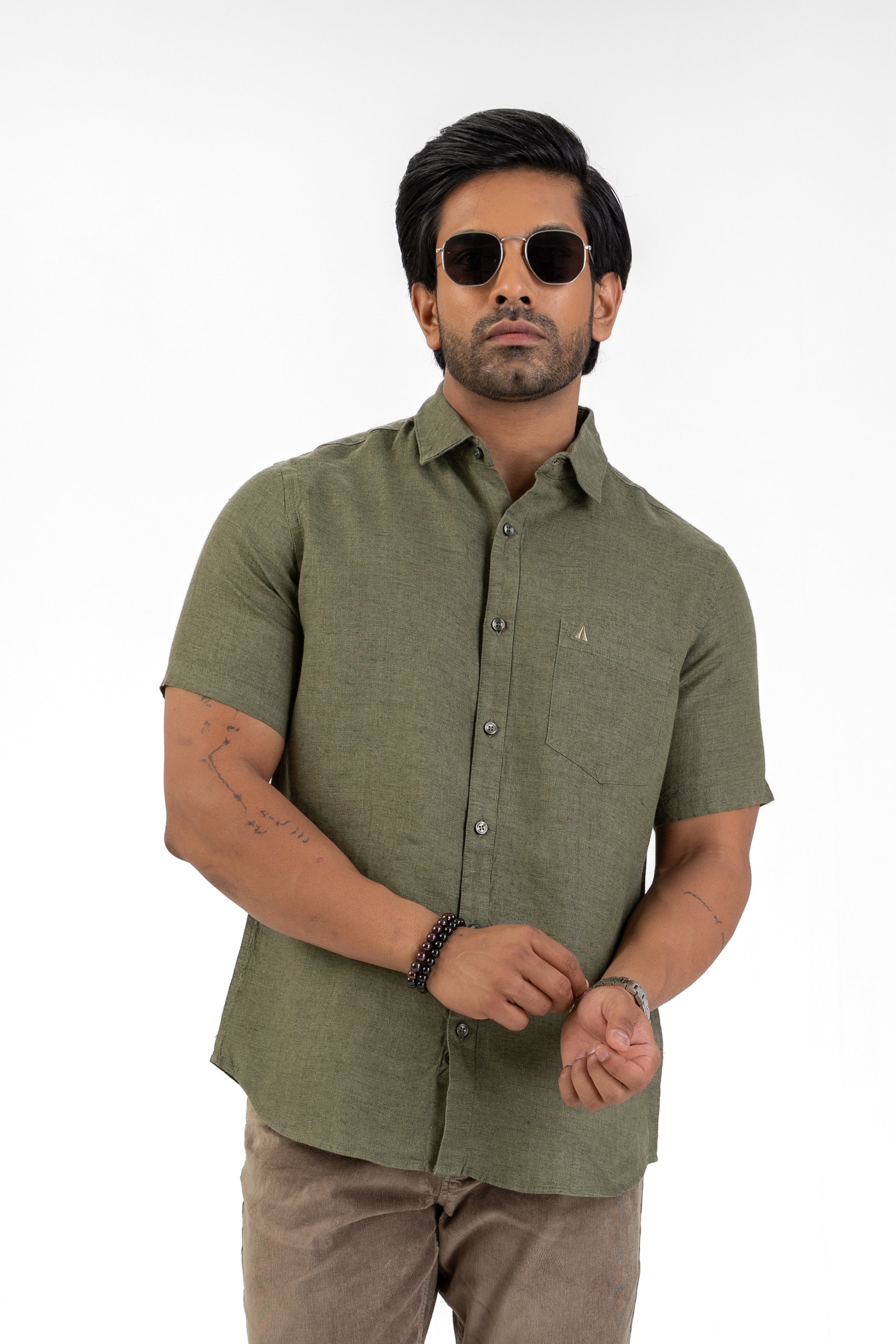 100% Linen Short Sleeve Shirt – Olive