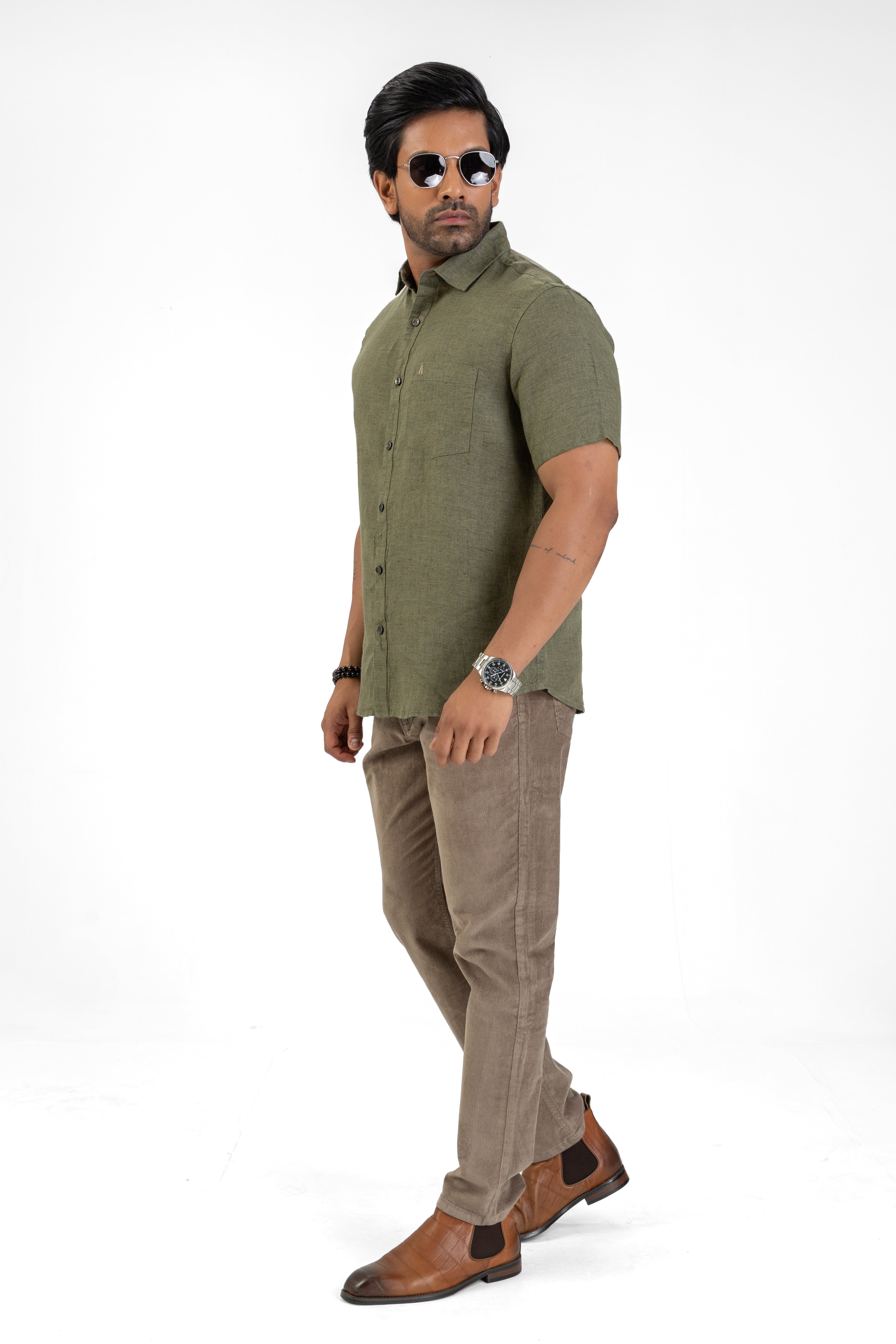 100% Linen Short Sleeve Shirt – Olive