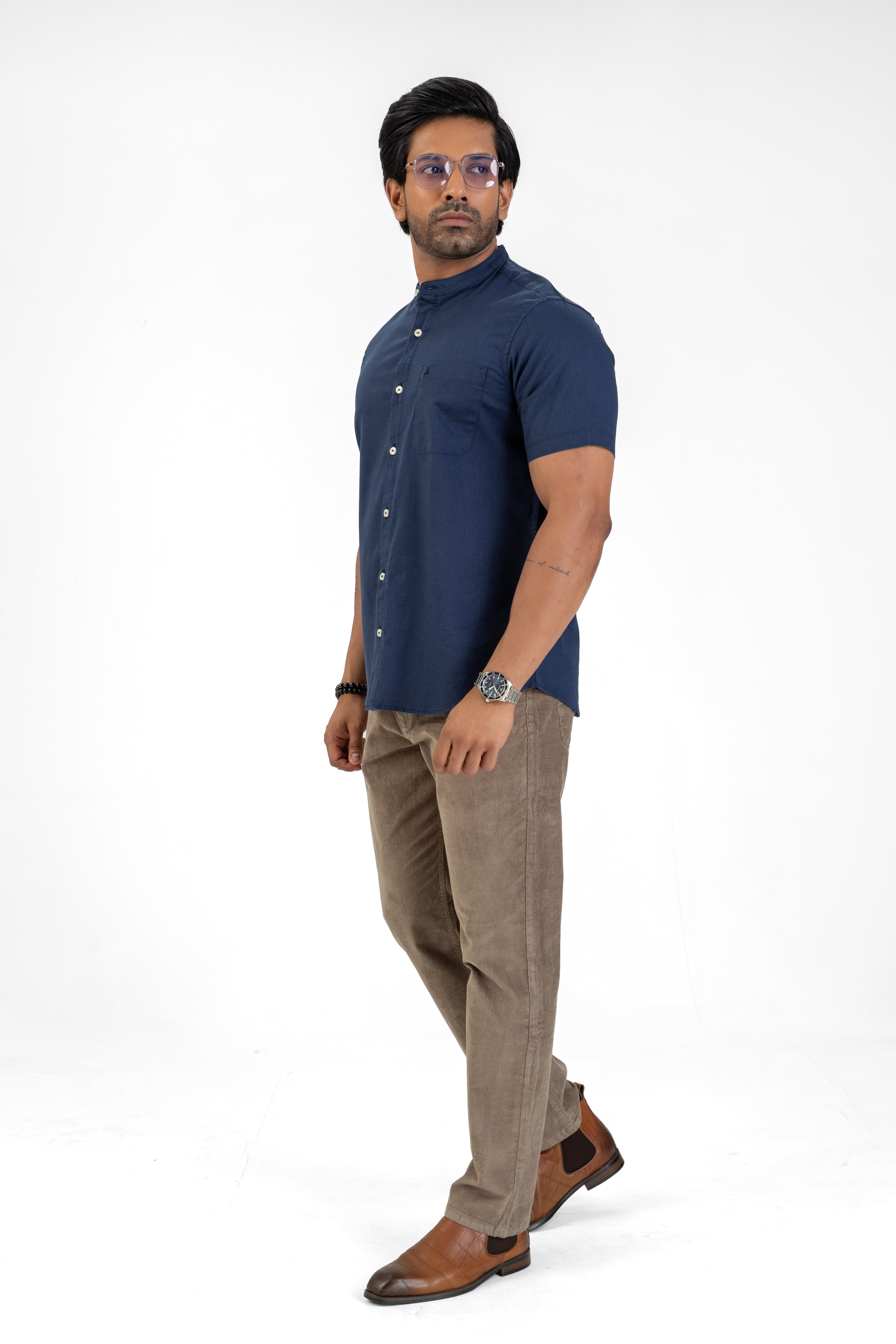 Chinese Collar Short Sleeve Shirt – Navy