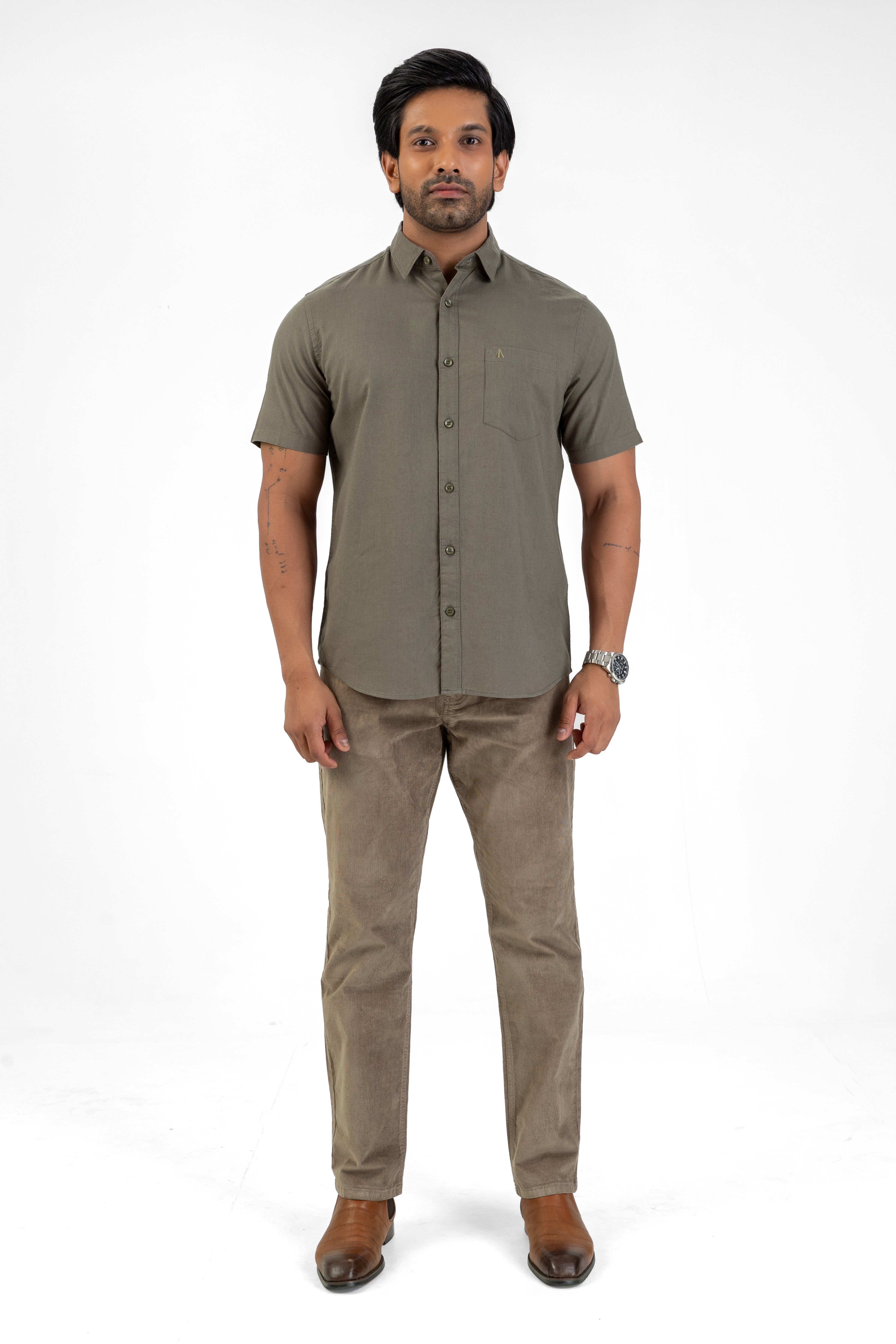 Short Sleeve Linen Cotton Shirt – Dark Green